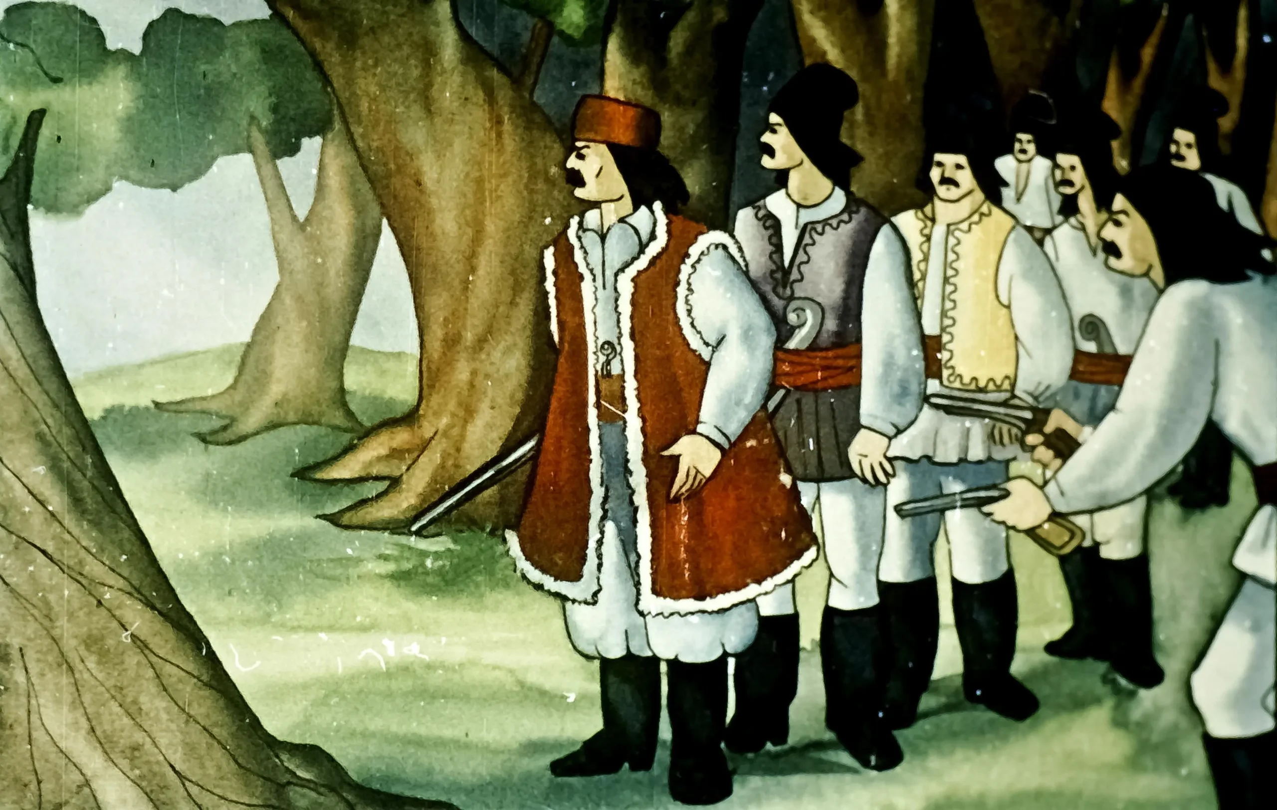 Imagine cu șase haiduci și un lider într-o pădure, ilustrând o scenă narativă.