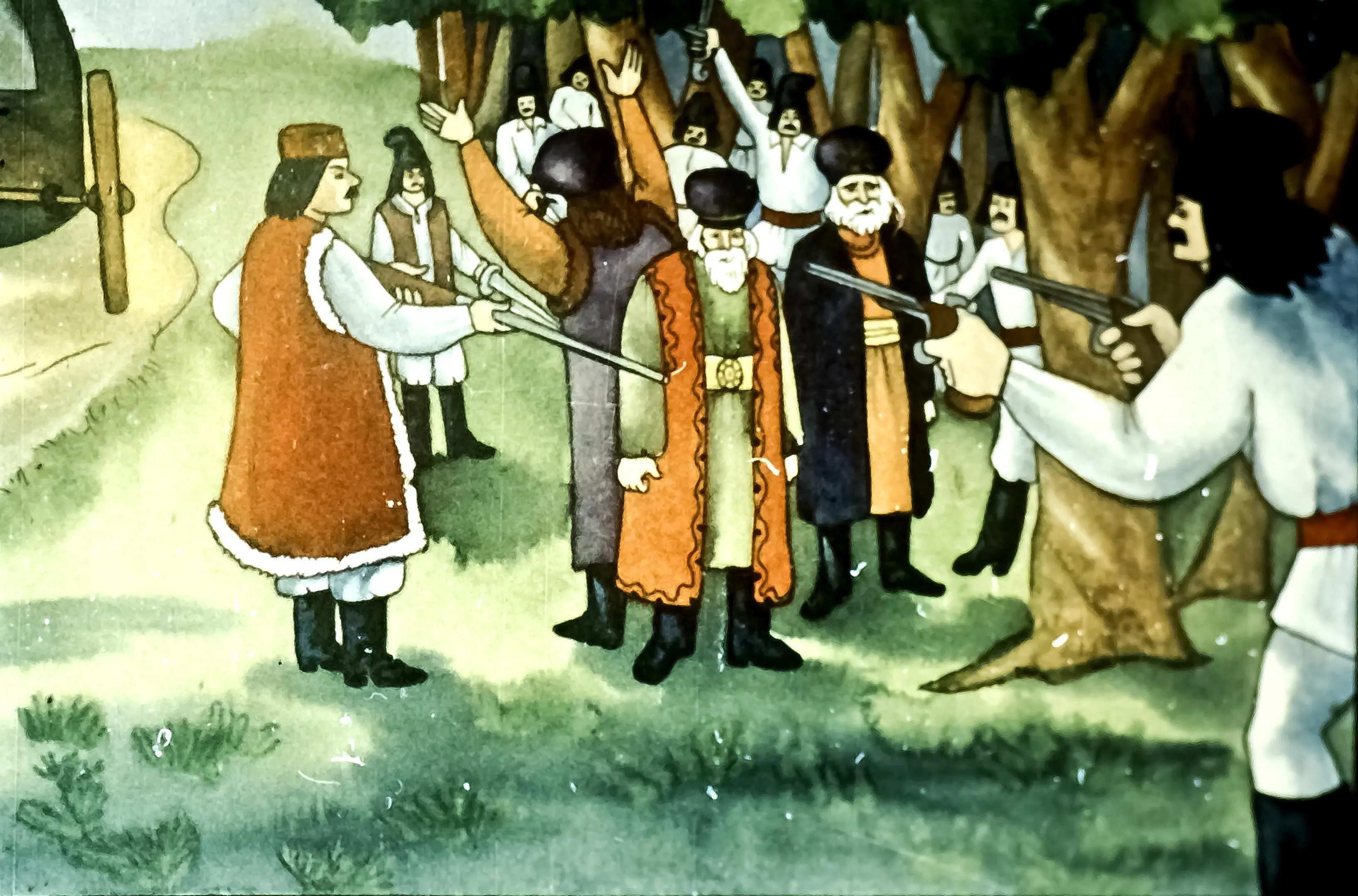 Ilustrație cu haiduci care atacă boieri în pădure, cu text explicativ despre eveniment.