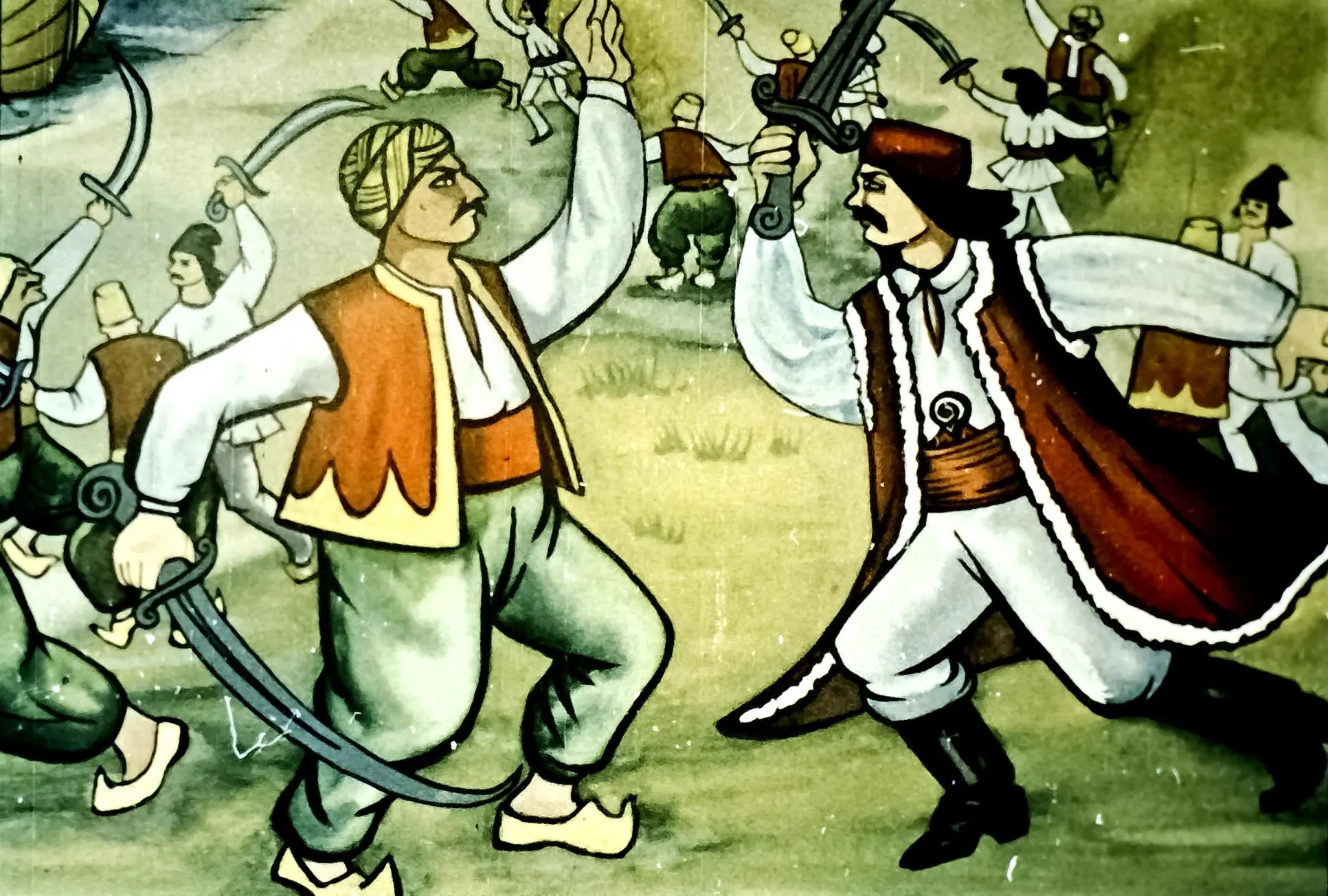 Ilustrație istorică reprezentând o bătălie între români și turci.