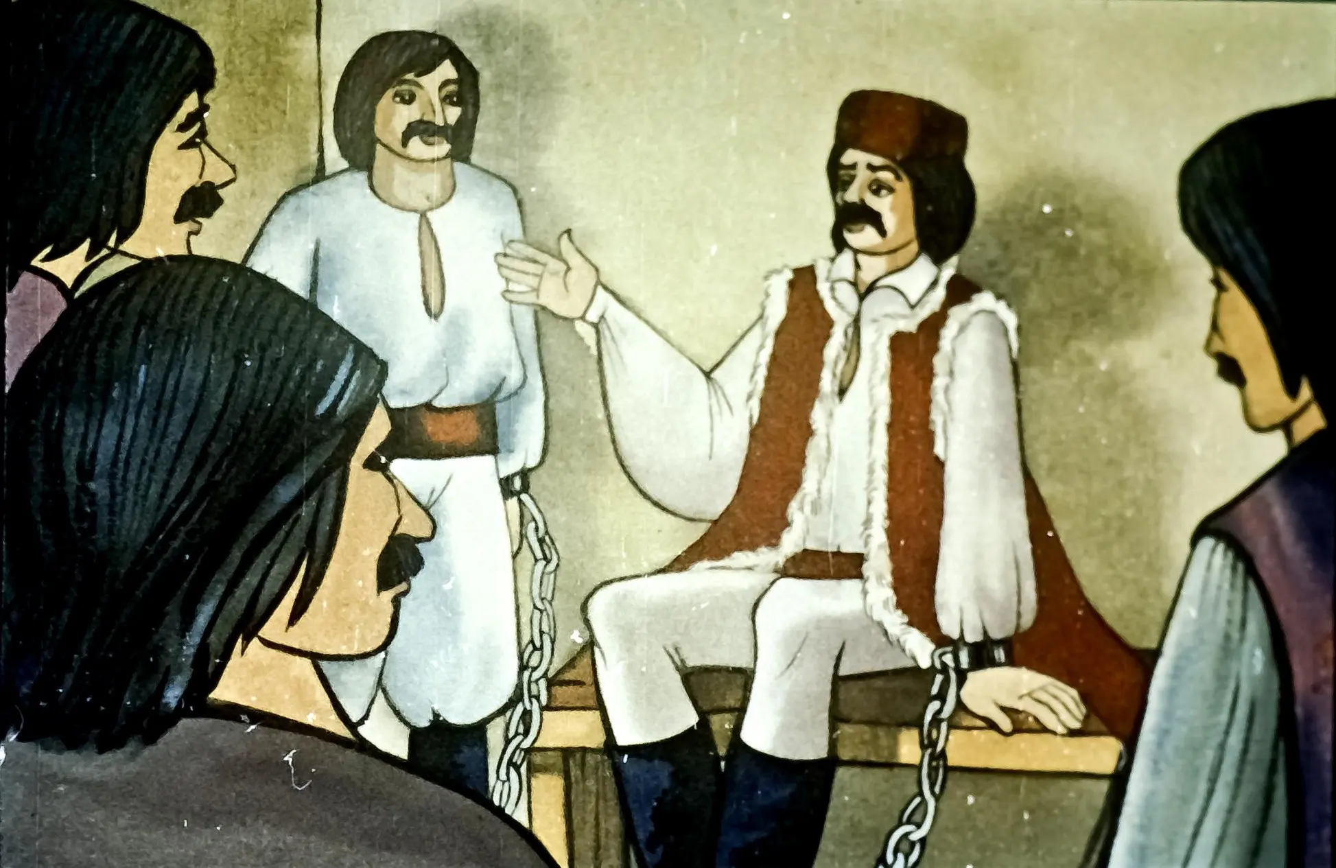 O scenă ilustrată cu un haiduc legat, vorbind cu alții despre curajul său și speranța de a vedea din nou soarele.