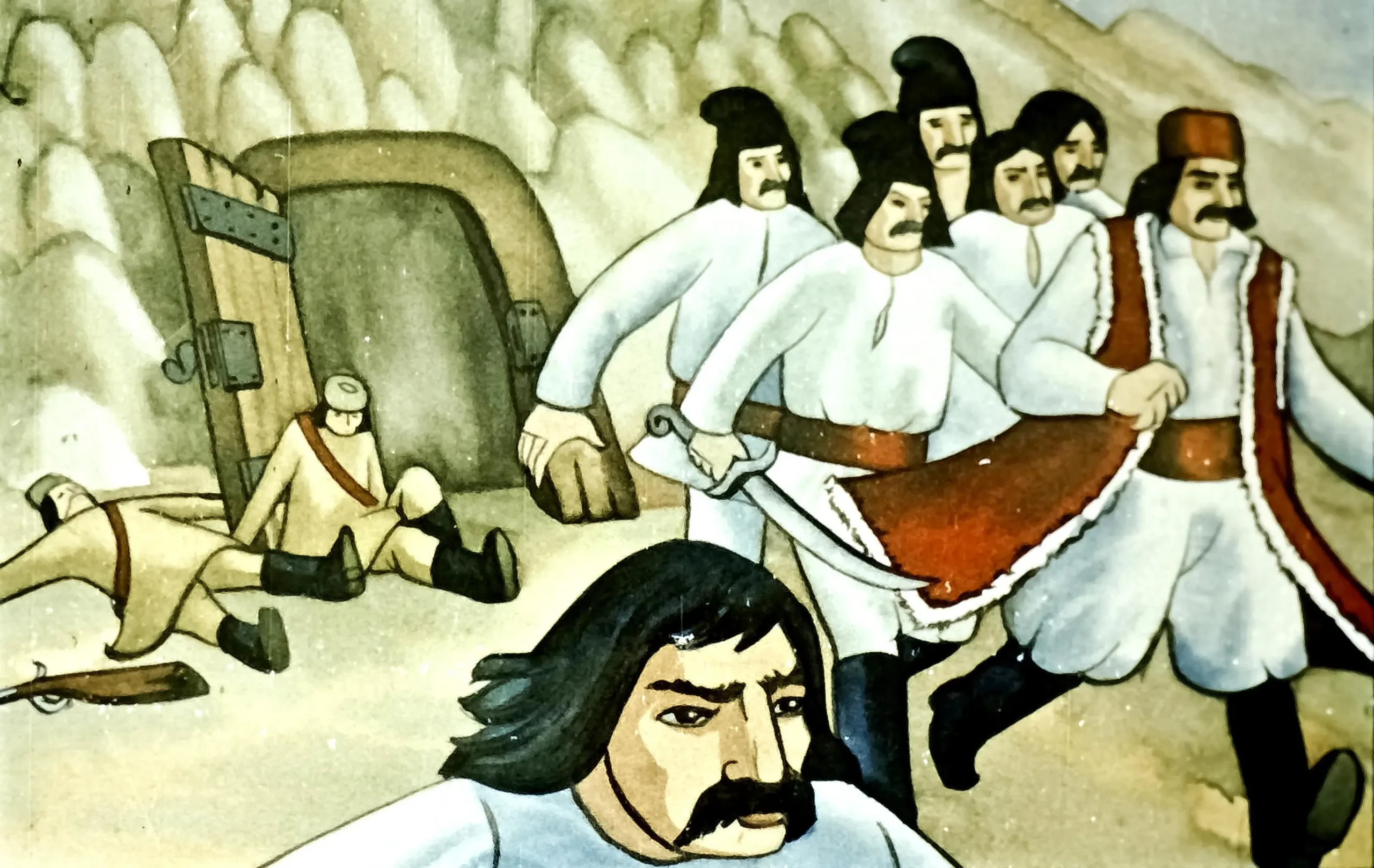 Ilustrație cu Iancu Jianu și haiduci fugind în pădure, după o confruntare cu stăpânirea.