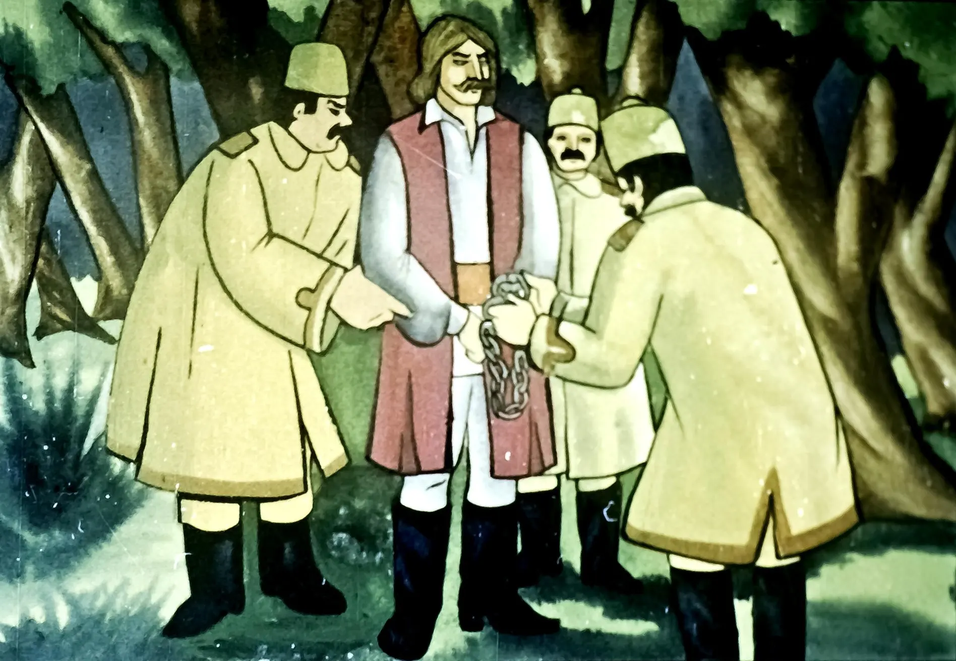 Ilustrație animată cu personaje istorice, una dintre ele fiind prinsă și legată, cu mesaj informativ în partea de jos.