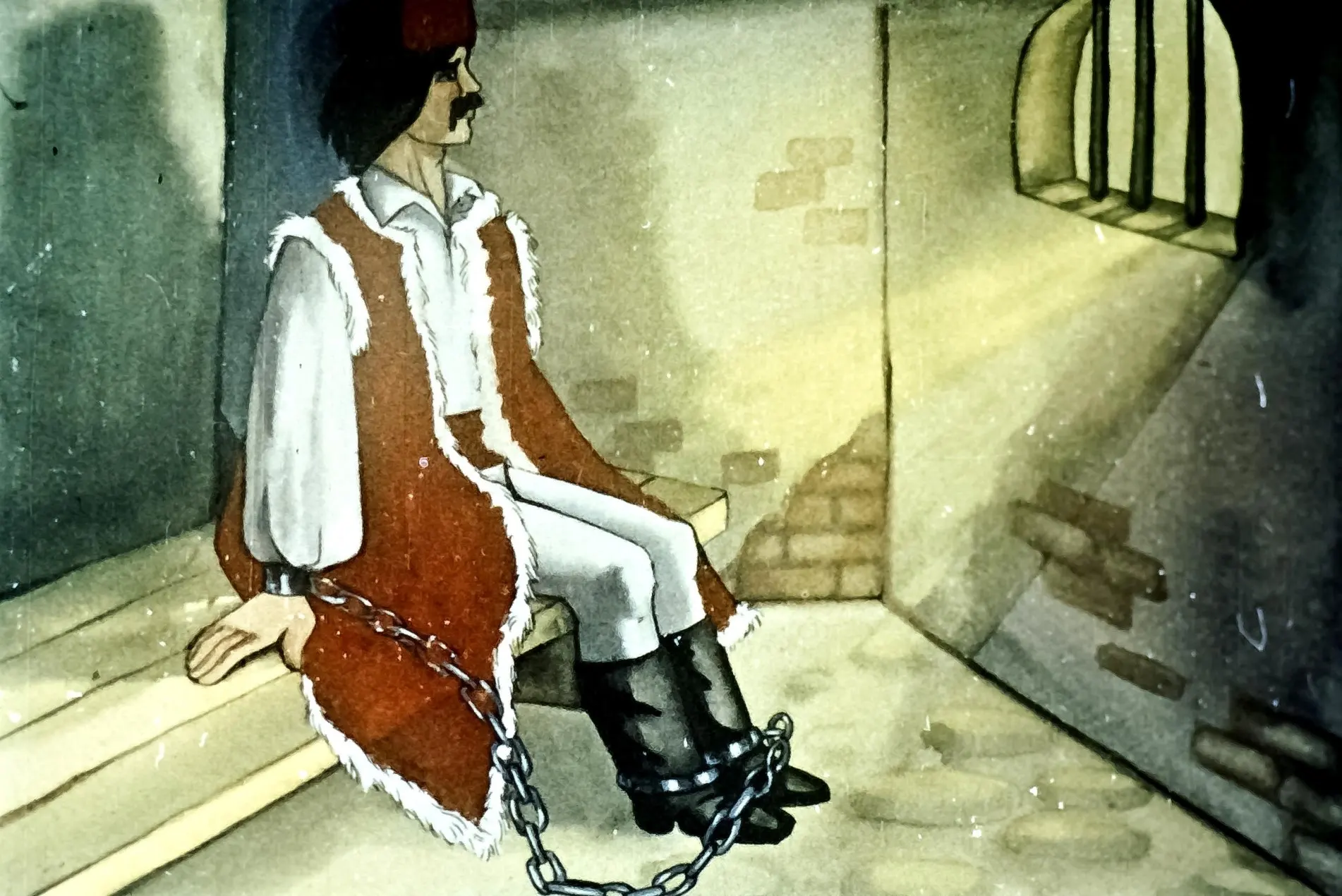 Ilustrație a unui bărbat legat în lanțuri, reflectând asupra soartei prietenului său într-o celulă.