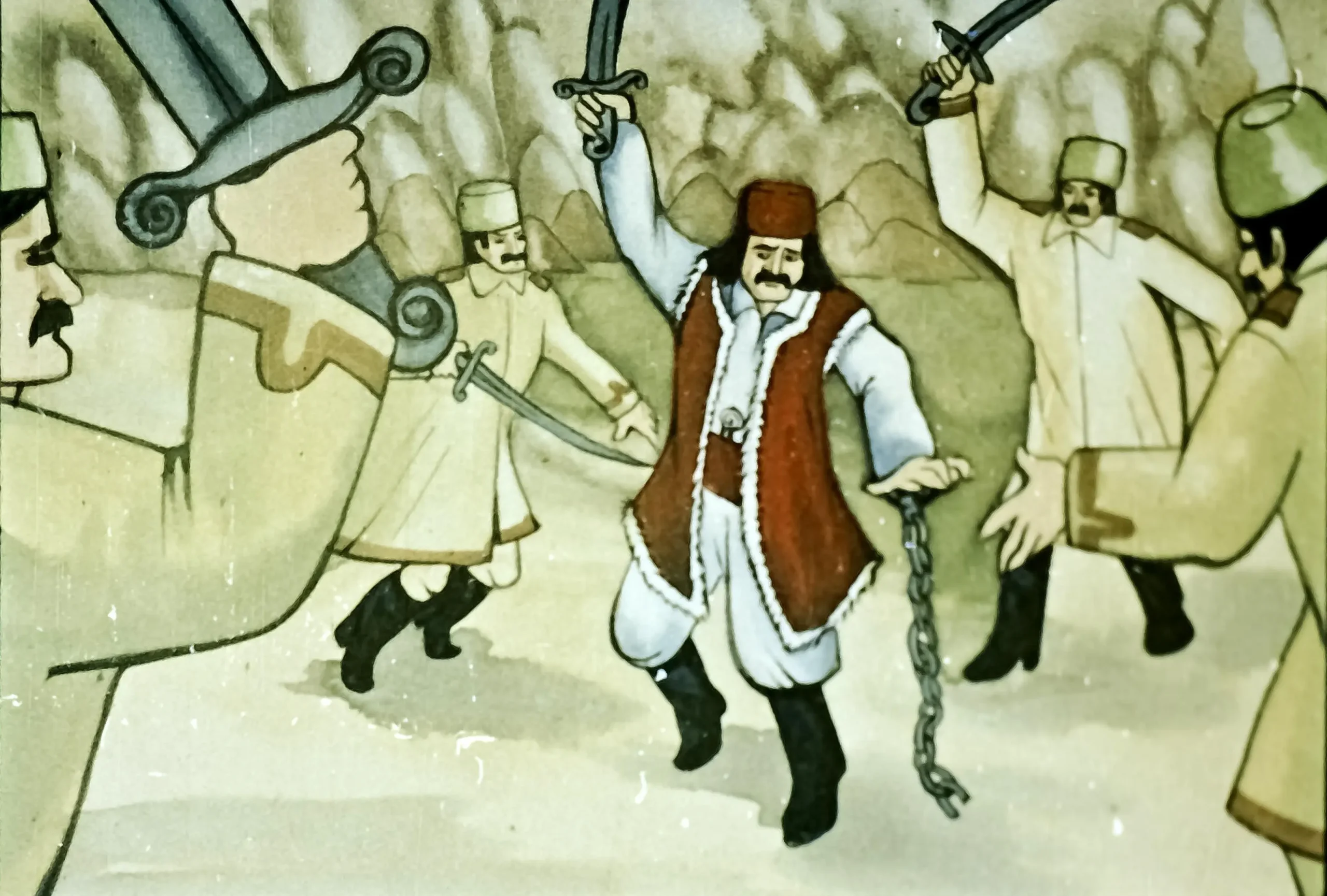 Imagine care ilustrează o scenă istorică în care un personaj principal, Jianu, se află într-o situație tensionată, cu mai multe figuri în jurul său, fiecare purtând săbii.