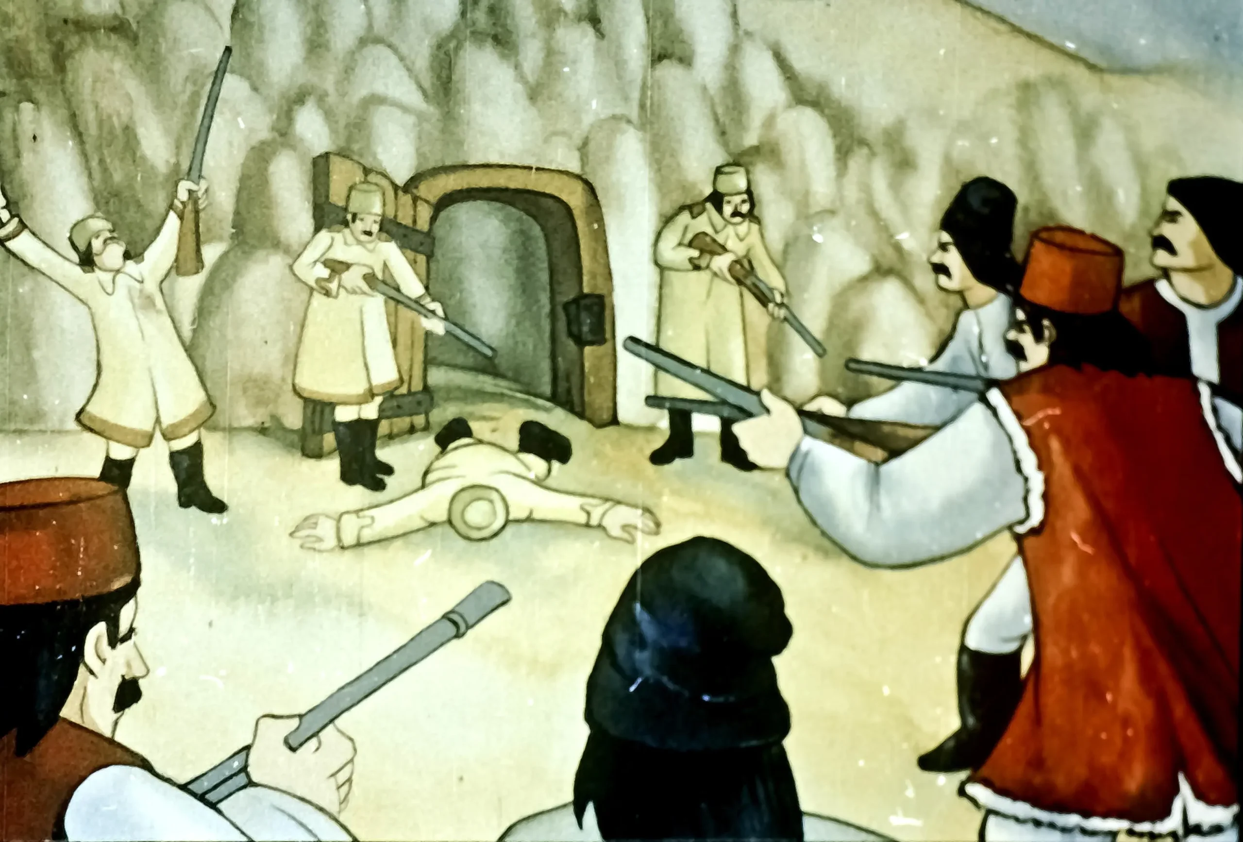 O ilustrație istorică care descrie atacul lui Iancu Jianu asupra ocnei de la Telega în 1816.