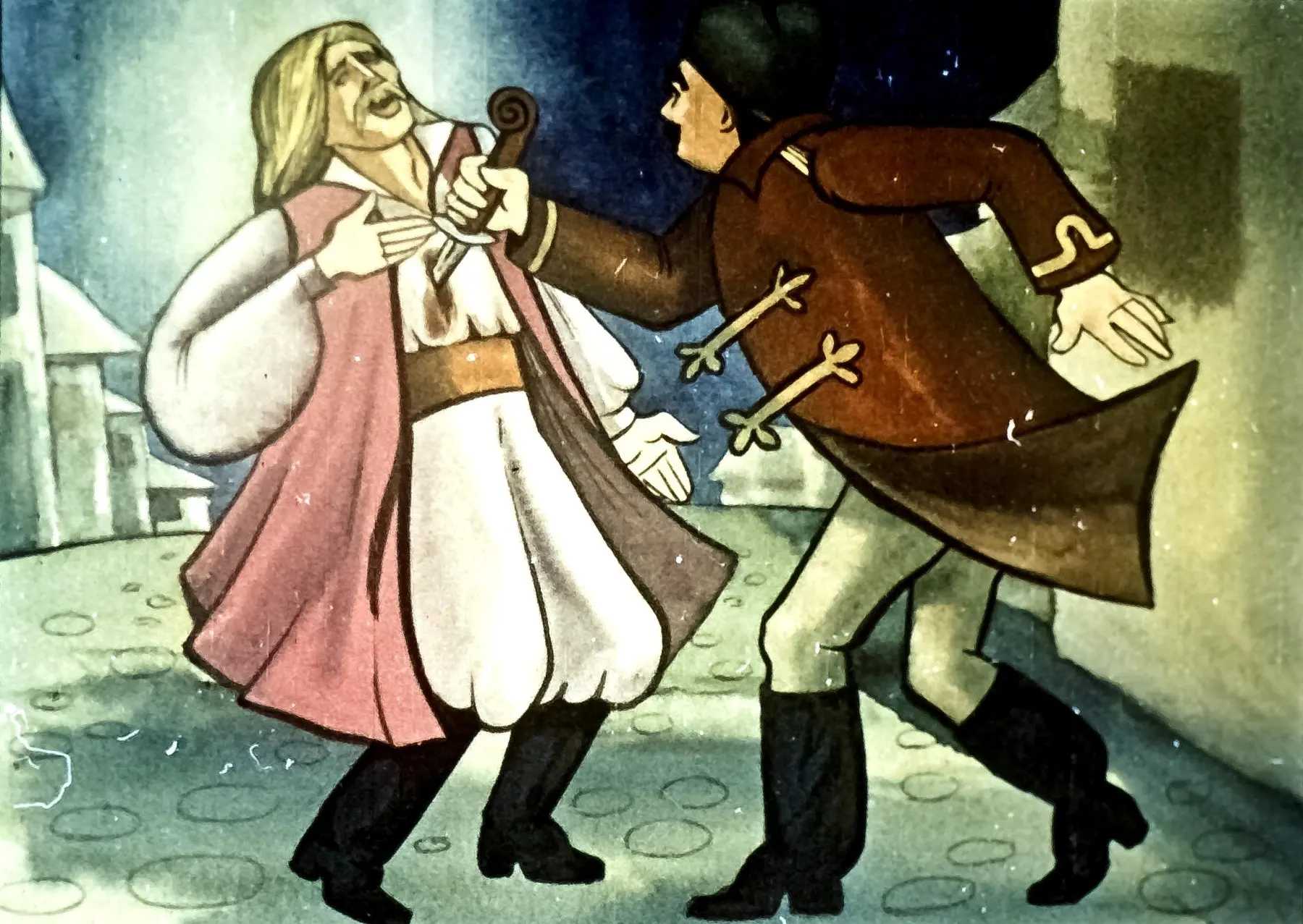 O ilustrație care prezintă o scenă dramatică între două personaje, însoțită de un text explicativ.