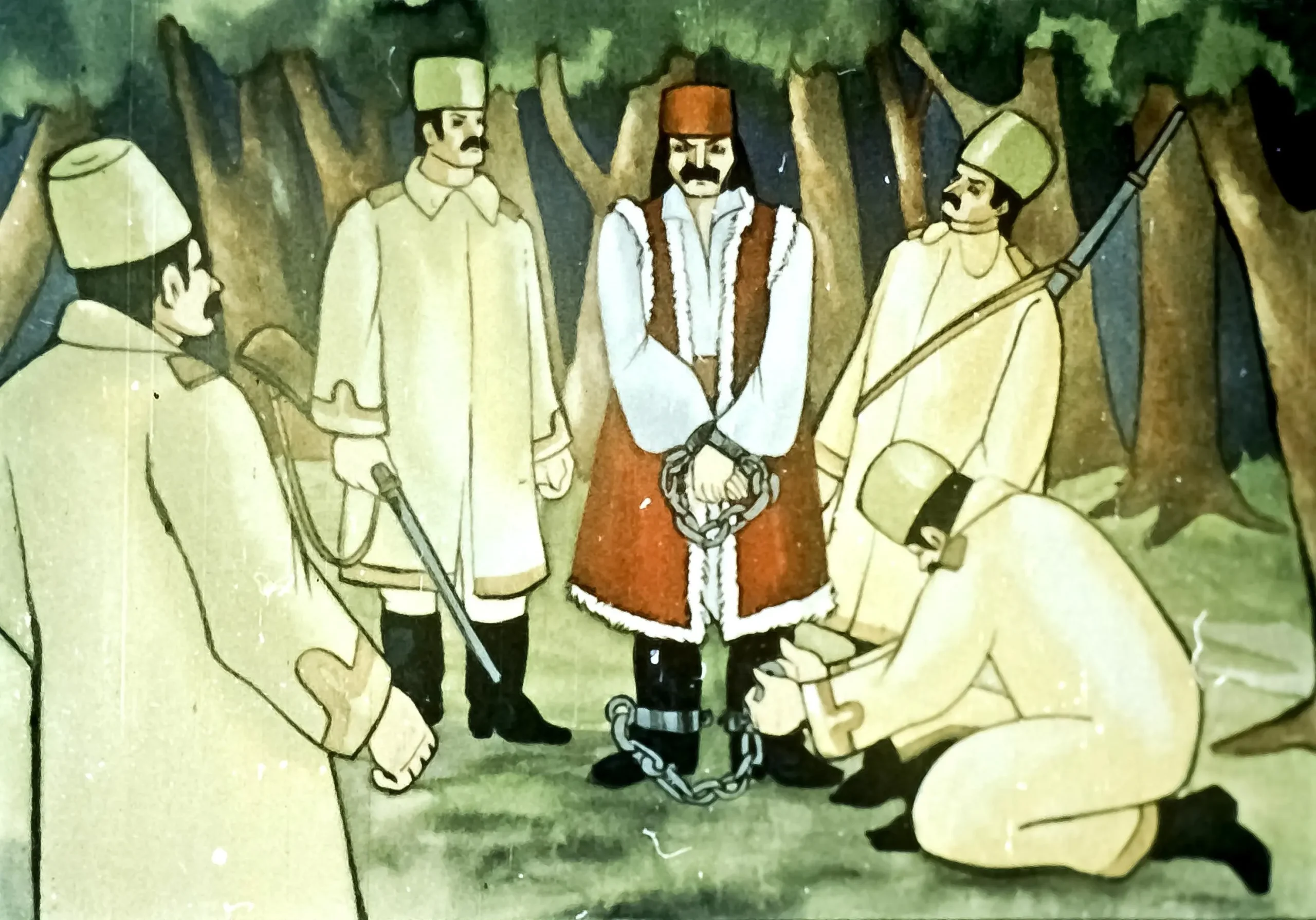 Imagine ilustrează o scenă istorică în care lianiu Jianu este prins și condamnat la moarte, înconjurat de soldați.