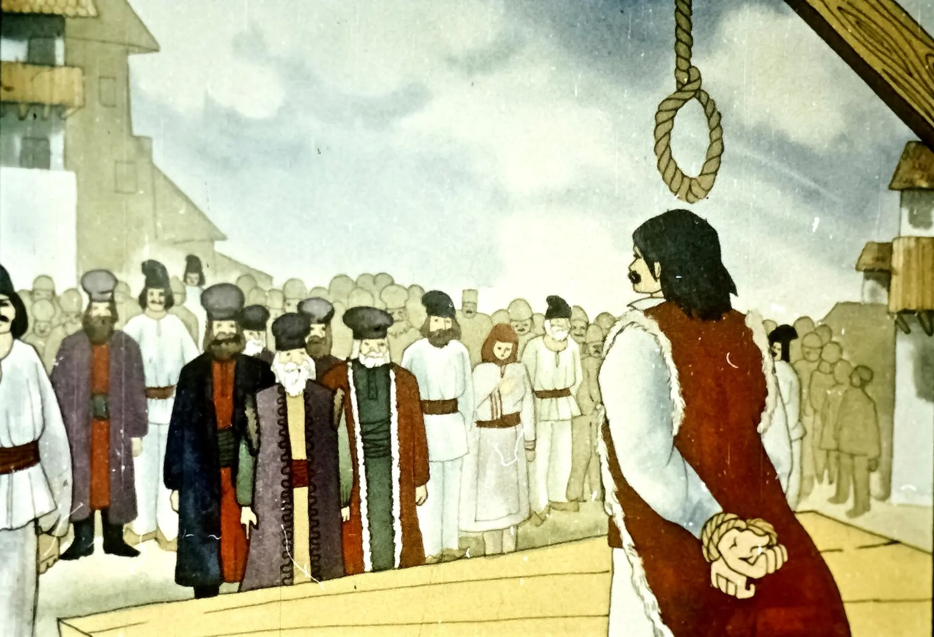 Imagine artistică reprezentând o scenă istorică, cu un bărbat legat care strigă către o mulțime, evocând un moment de curaj în fața opresiunii.