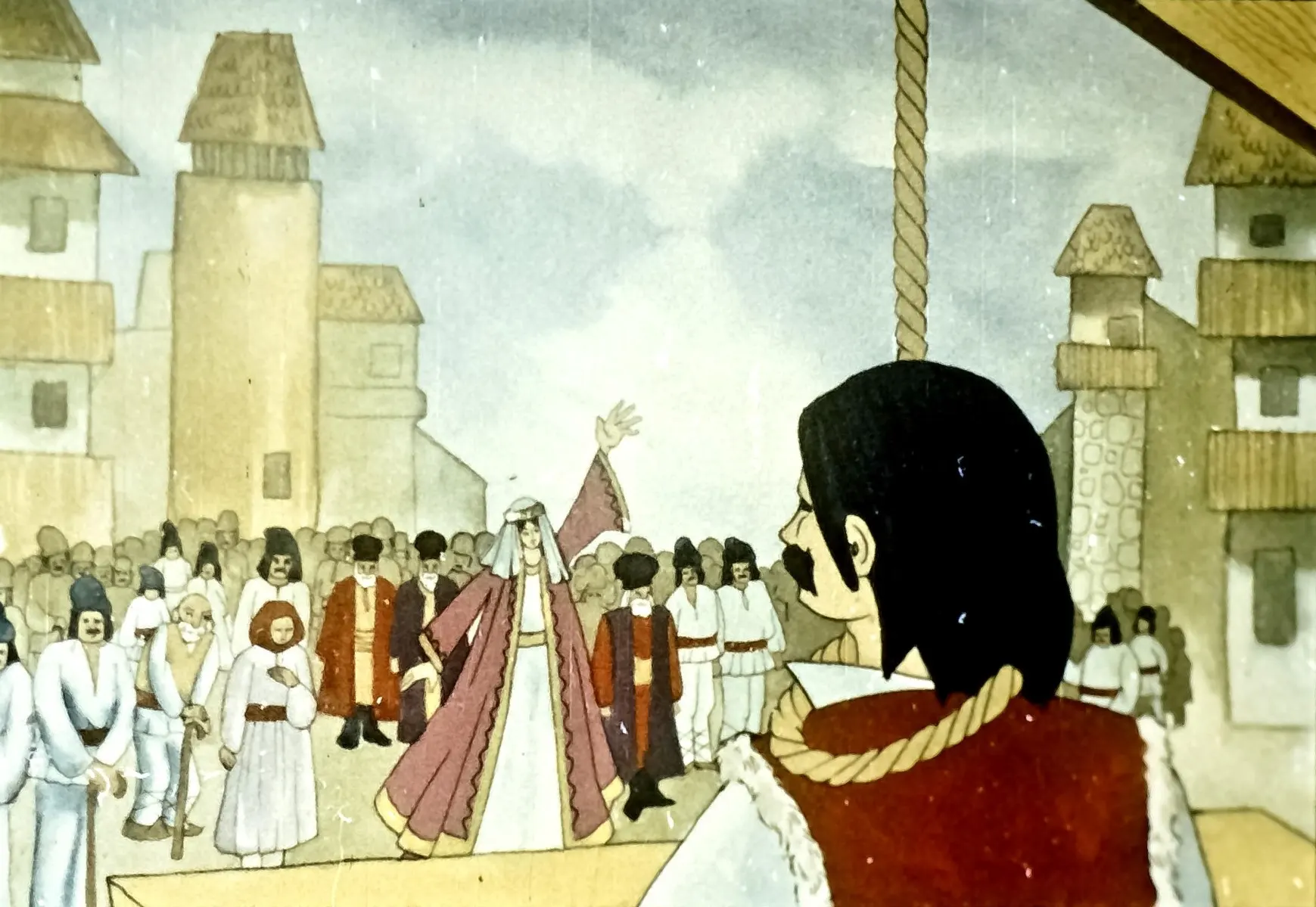 O scenă dintr-o poveste animată cu un personaj principal vizibil în fața unei mulțimi, care discută despre o promisiune de căsătorie.