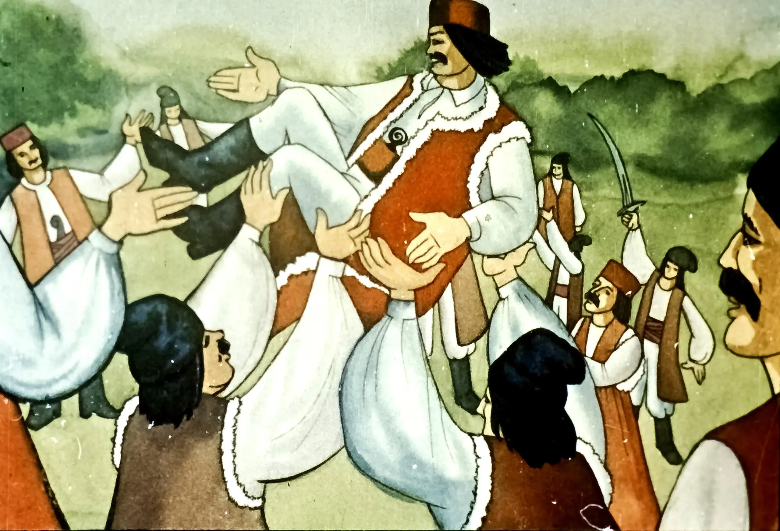 Ilustrație cu haiduci purtând un bărbat pe brațe, exprimând bucurie și solidaritate.