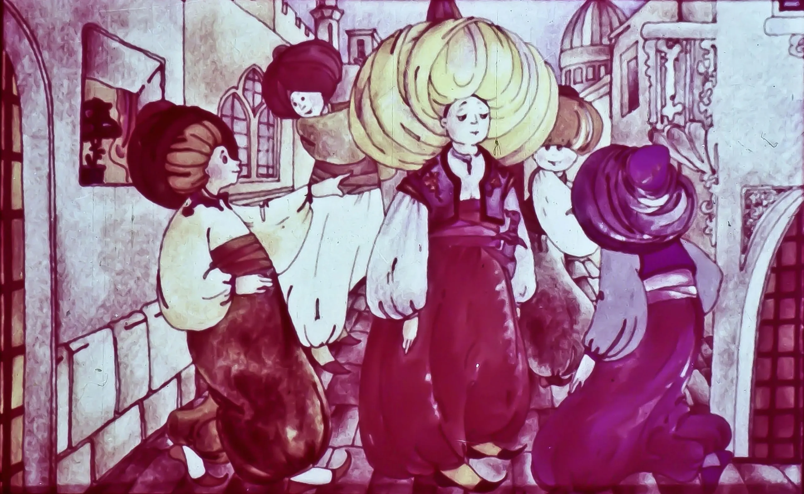 O ilustrație cu mai multe personaje îmbrăcate în costume tradiționale, interacționând într-un cadru arhitectural cu detalii istorice.