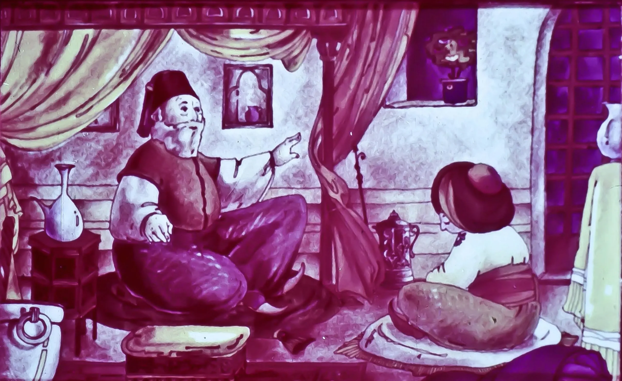 Ilustrare a două personaje într-un interior tradițional, unul stând pe un taburet și discutând cu altul așezat pe podea.