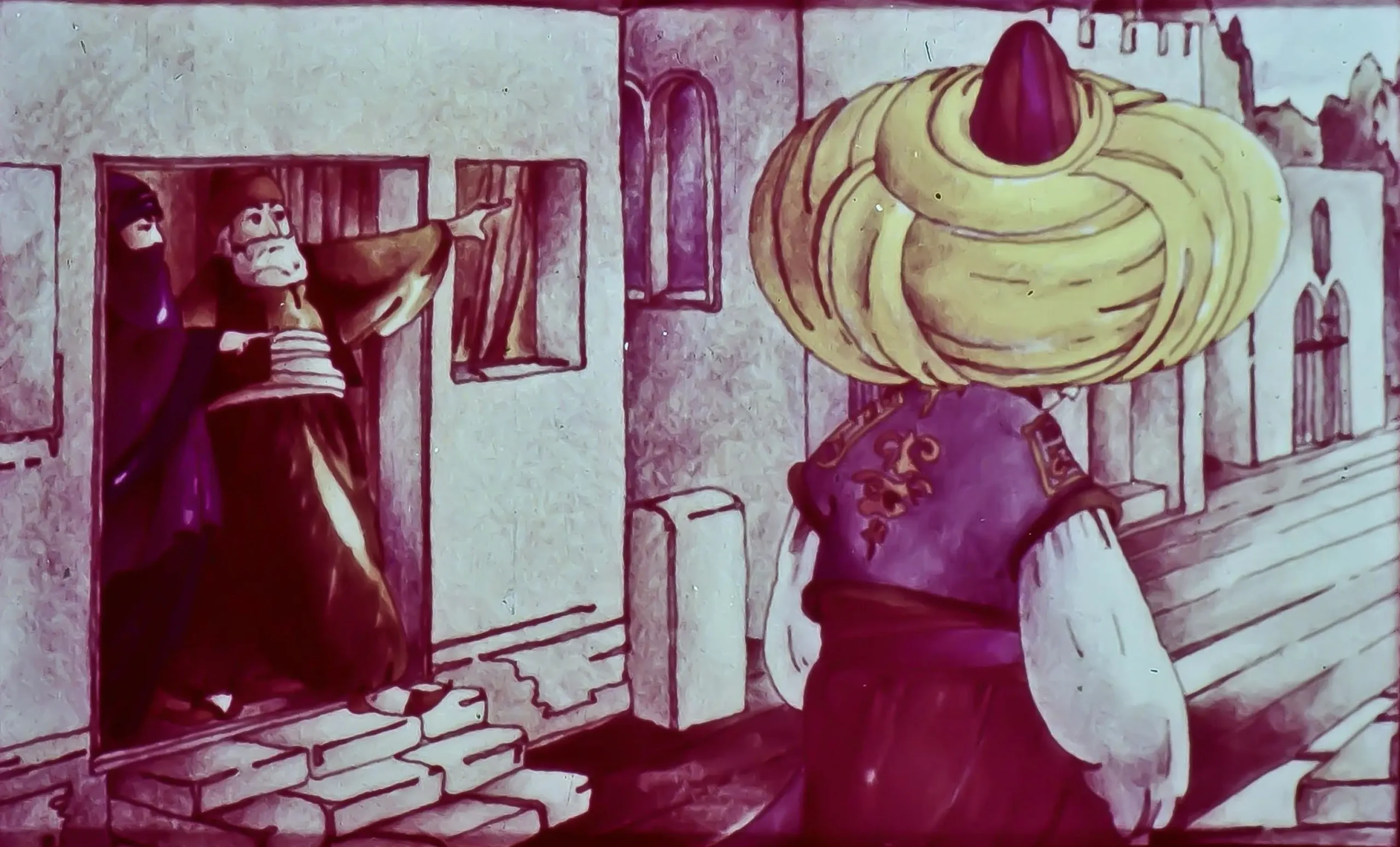 Ilustrație animată cu o figură centrală purtând o pălărie mare și rotundă, interacționând cu o altă persoană care iese dintr-o clădire.