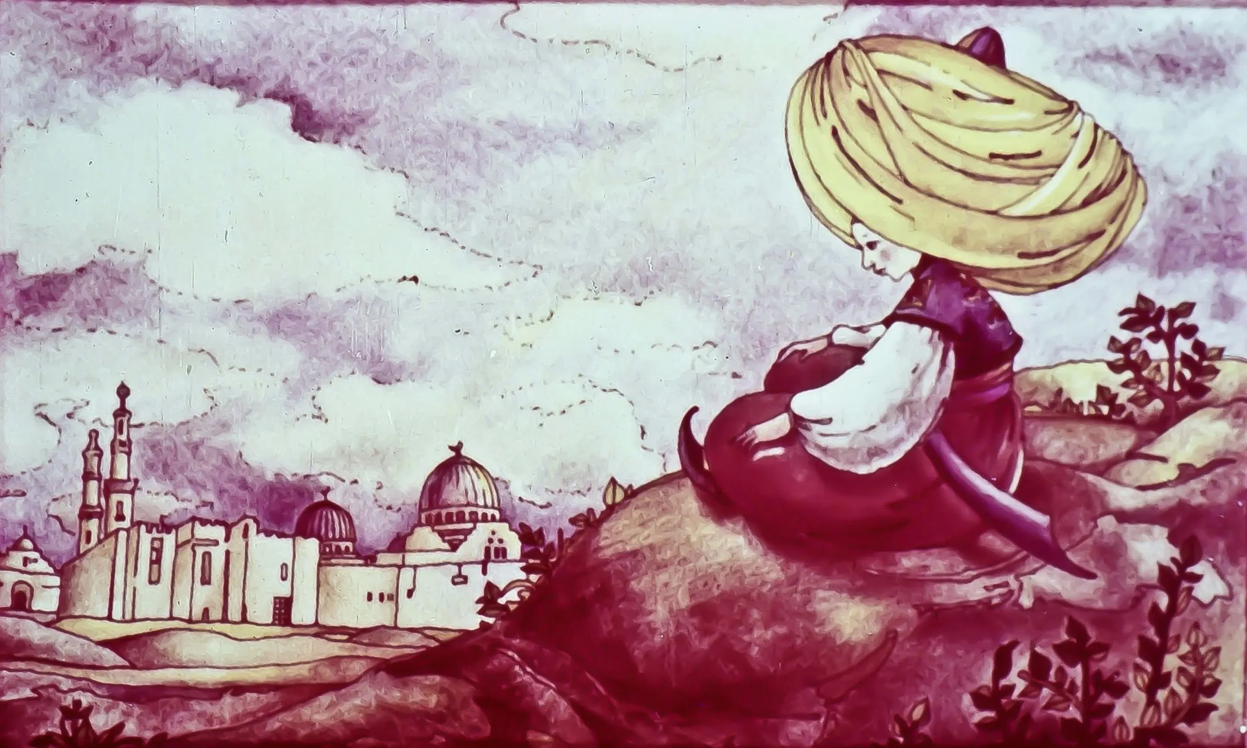 Ilustrație reprezentând o persoană cu o pălărie mare, așezată pe o piatră, privind spre un oraș cu clădiri și dome în fundal, într-un peisaj natural.