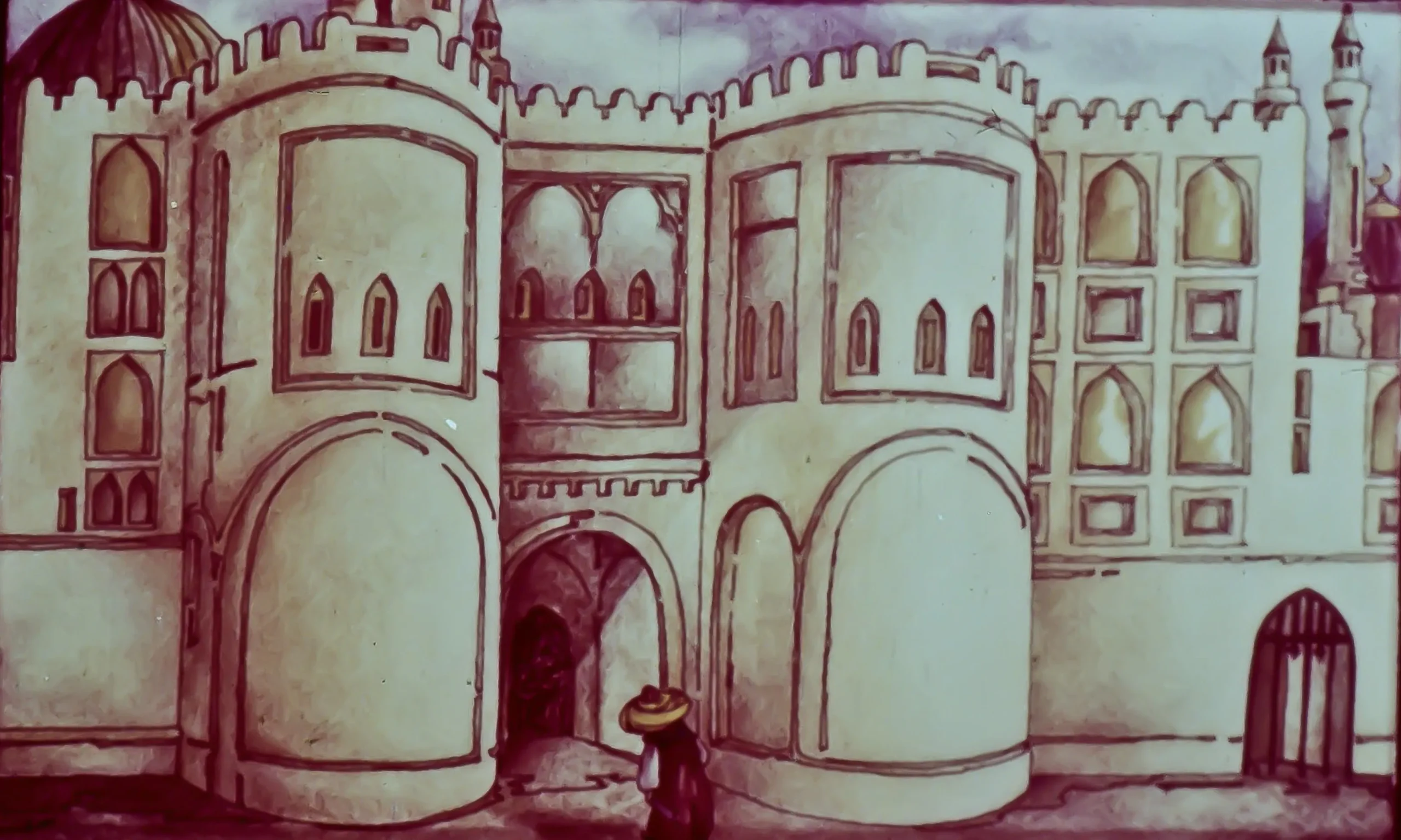 O ilustrație a unei structuri arhitecturale cu turle și feronerie, în fața căreia se află o persoană purtând o pălărie.