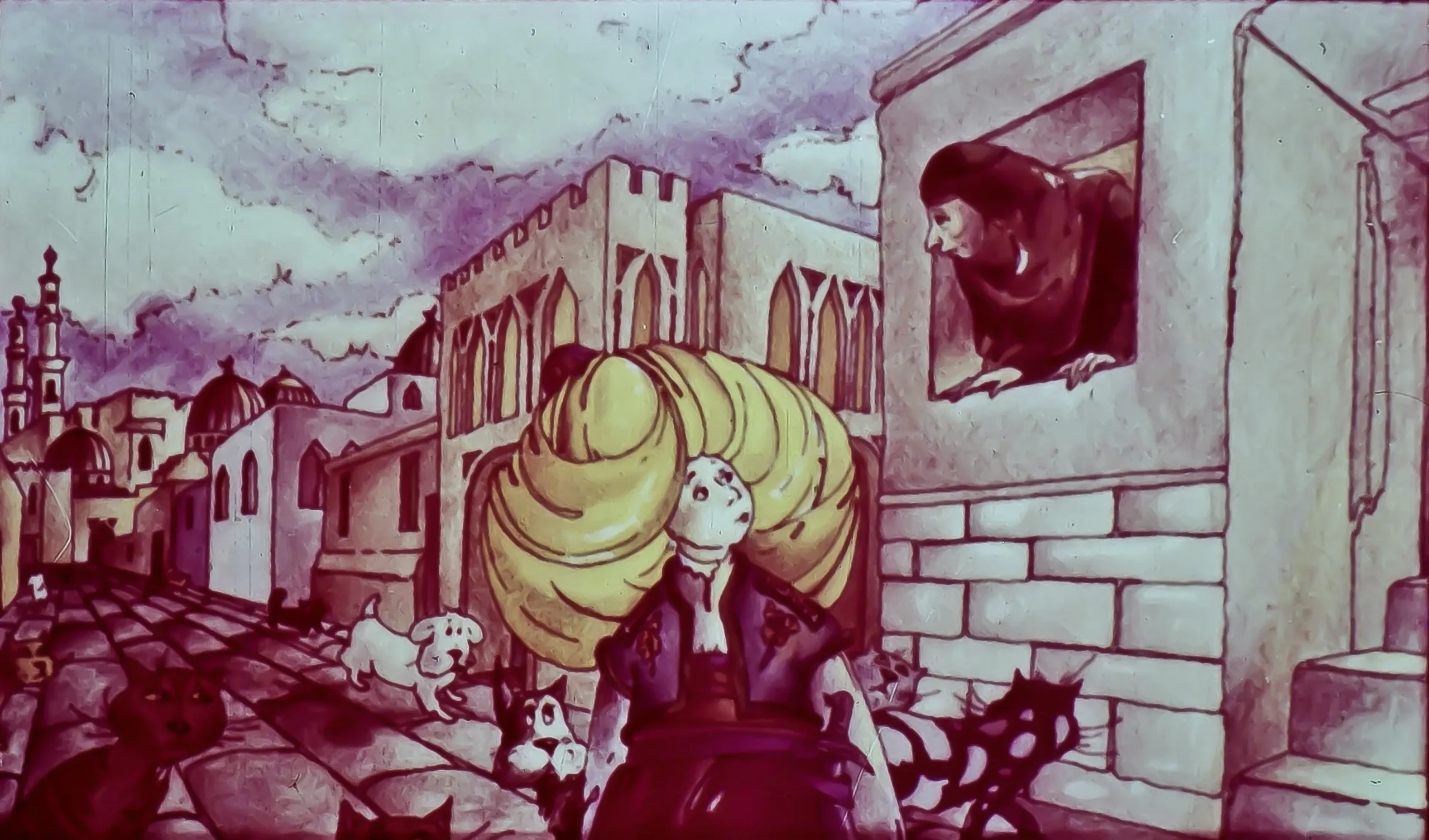 Imagine colorată cu o scenă urbană, caracterizată printr-o femeie cu o coafură mare, care se află pe o stradă cu clădiri vechi și animale, inclusiv câini și pisici, reflectând o atmosferă artistică.