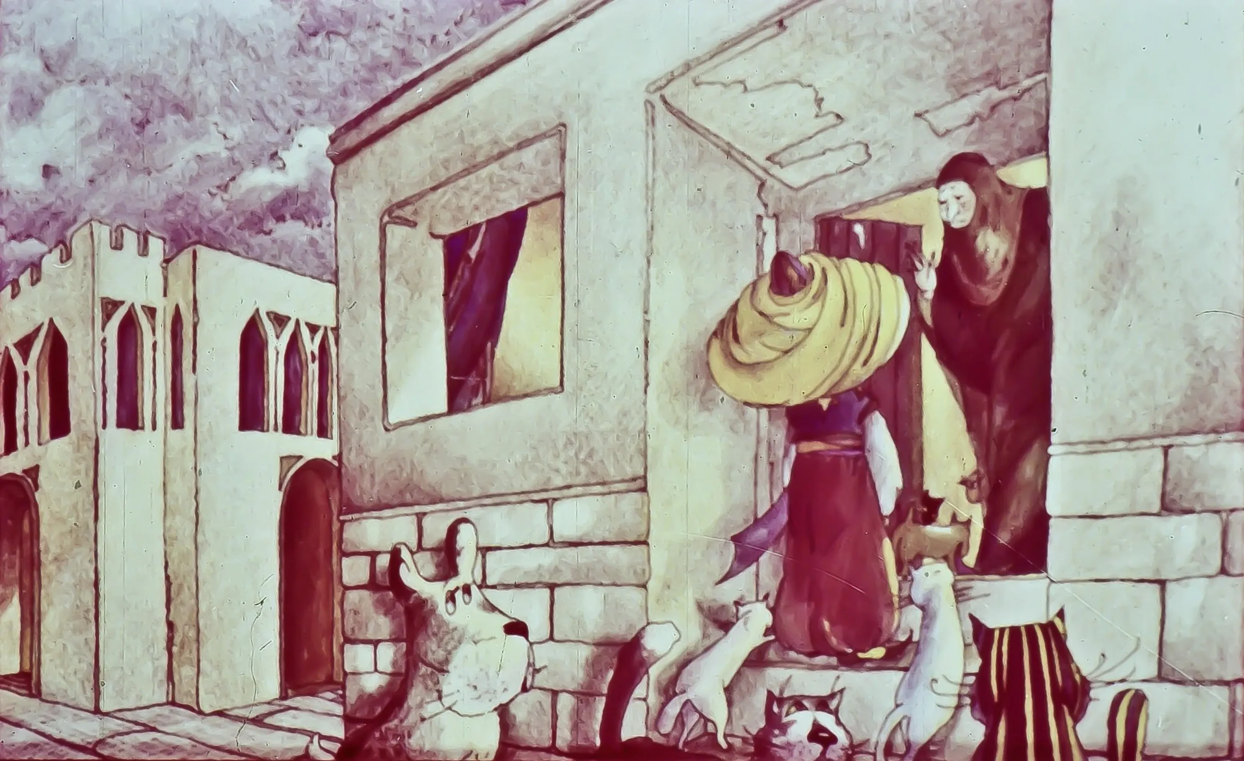 Ilustrație cu o scenă de stradă, un personaj purtând o pălărie mare interacționând cu o altă persoană în fața unei clădiri, înconjurați de câini și pisici.