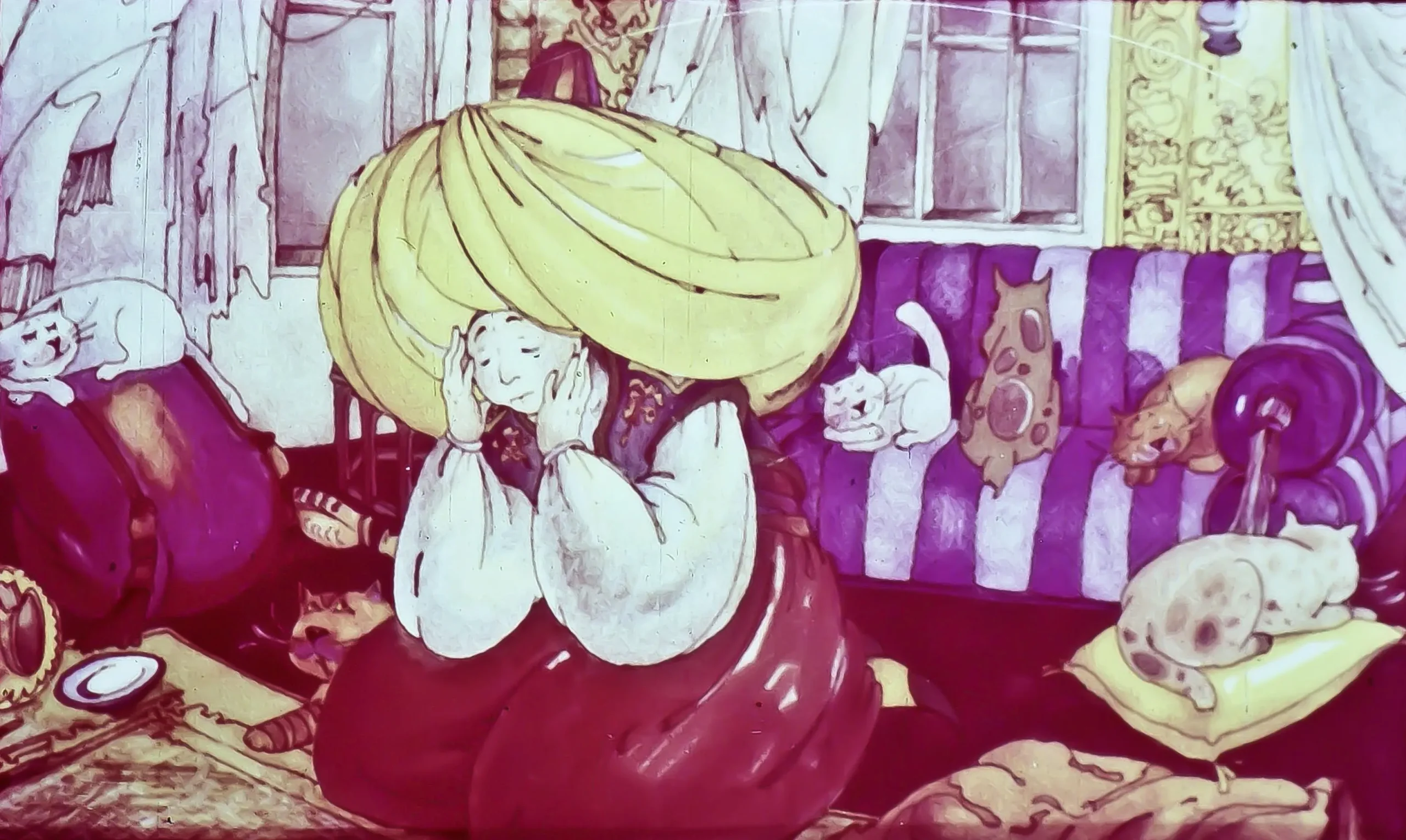 O ilustrație animată cu o persoană purtând o pălărie mare, așezată pe o canapea decorată, înconjurată de mai multe pisici.