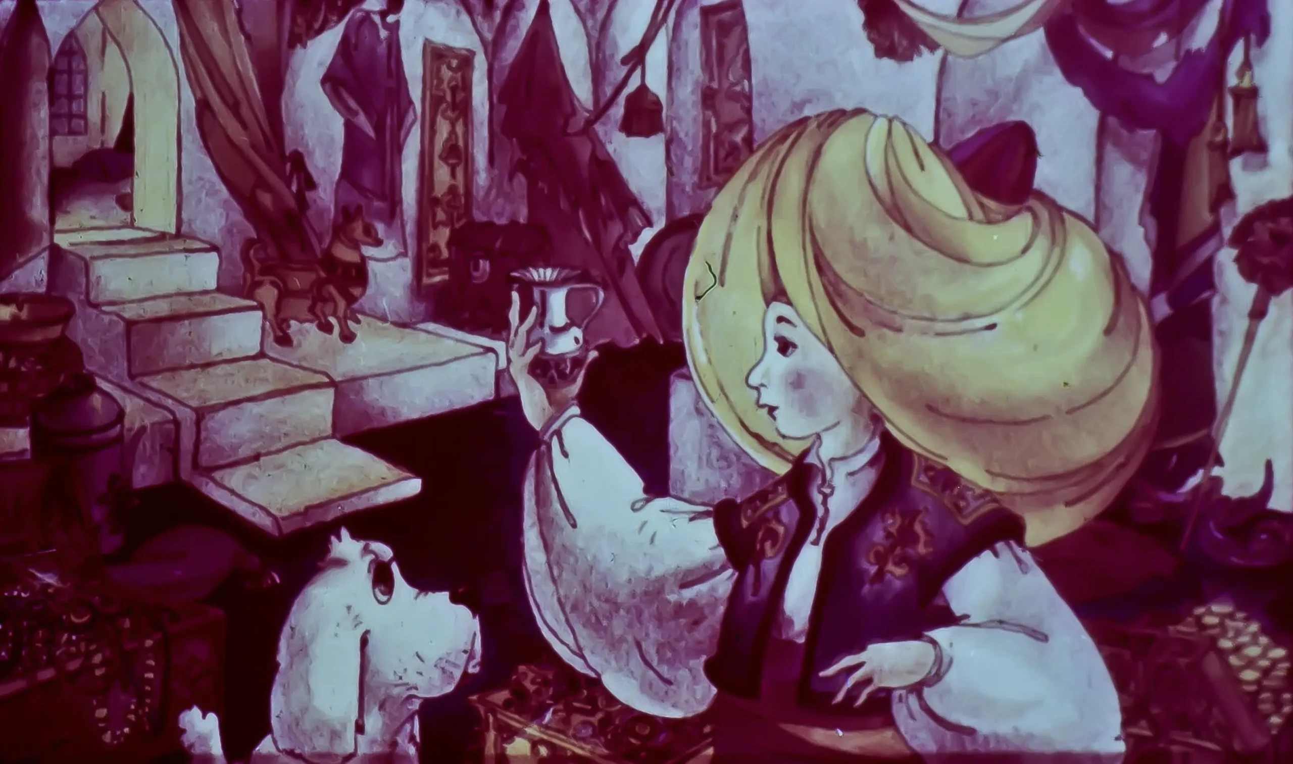 Ilustrație animată cu o persoană cu păr voluminos ținând un obiect în mână, alături de un câine, într-un mediu colorat, plin de obiecte decorative.