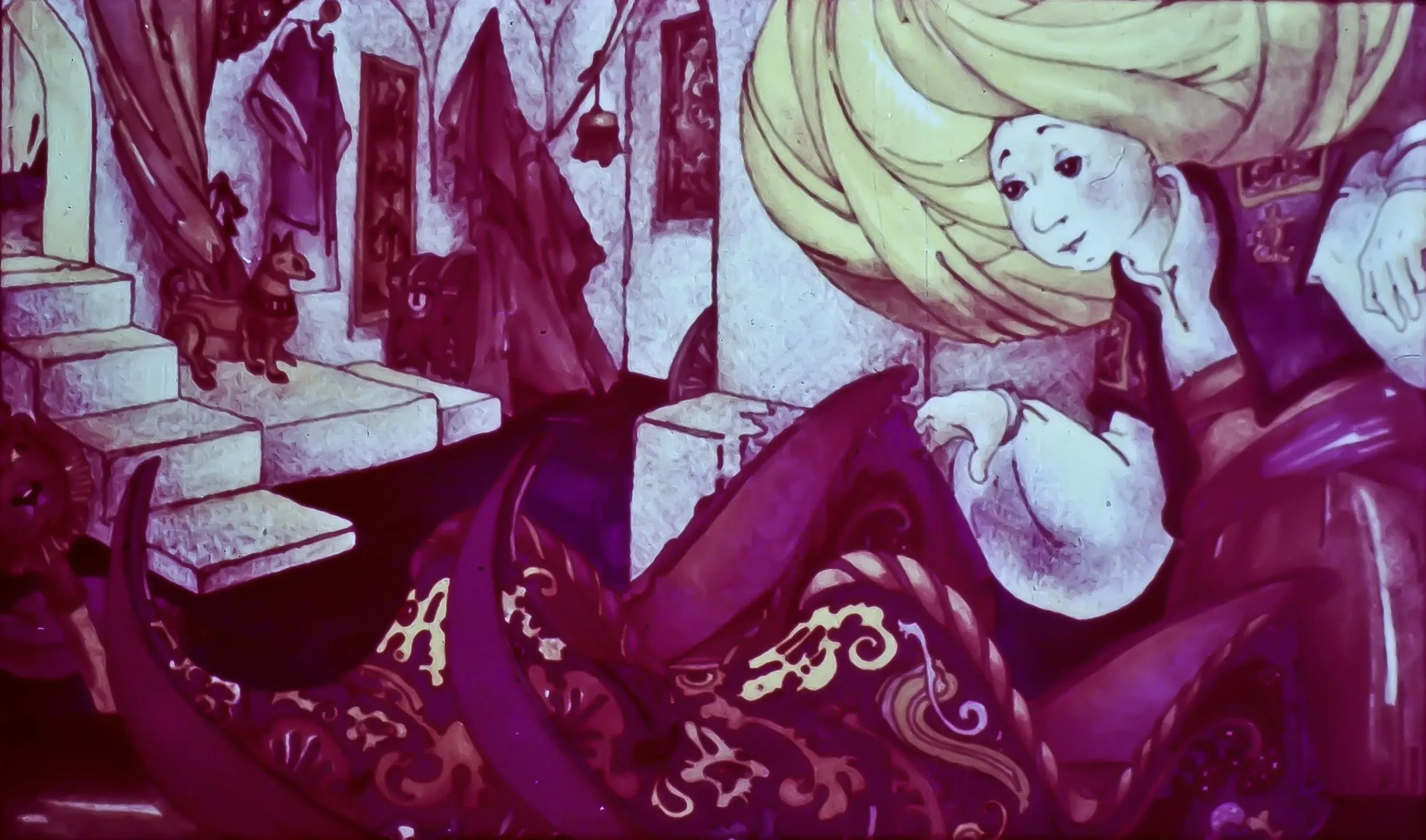 Imagine colorată cu personaje fantastice, un bărbat cu o tunsoare distinctivă și o femeie cu părul blond. Scenele includ detalii ornamentale și un decor complex, cu trepte și obiecte decorative.