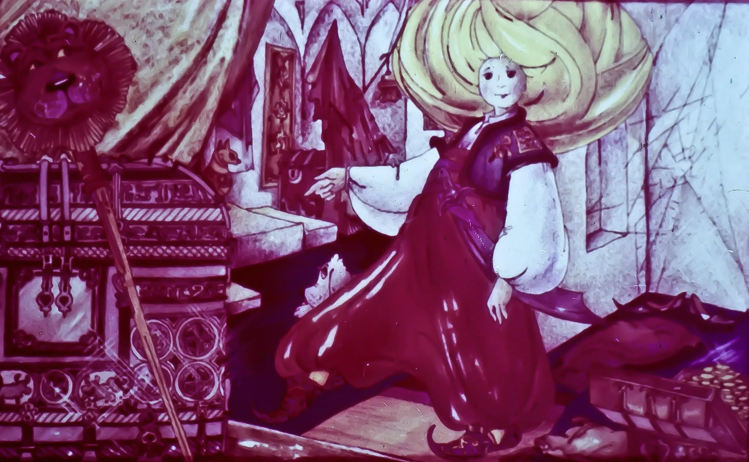 Ilustrație colorată cu un personaj feminin îmbrăcat în costumul tradițional, stând într-o încăpere decorată cu diverse obiecte.