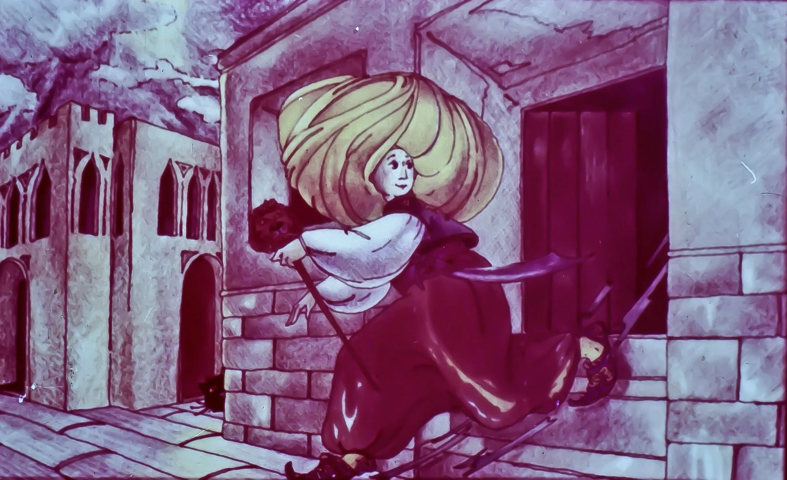 Ilustrație colorată cu o persoană purtând o coafură mare, mergând pe o stradă, cu clădiri în fundal.