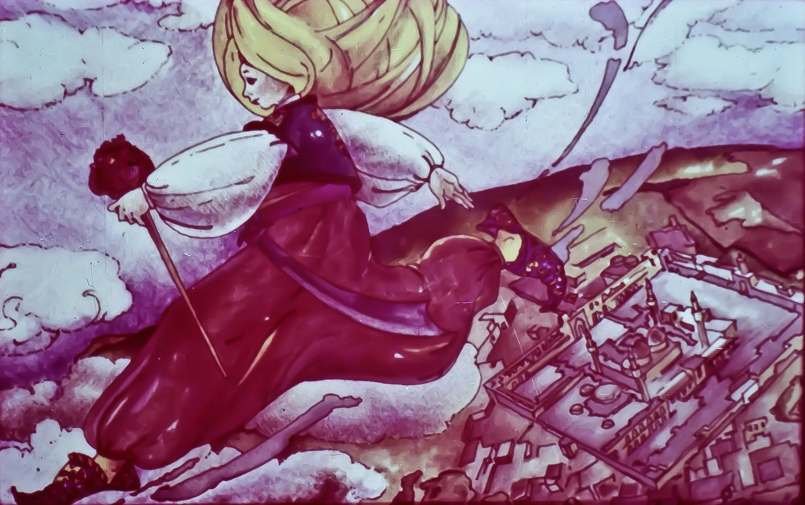 Ilustrație vibrantă a unei figuri feminine zburând deasupra unui oraș, cu părul blond lung și îmbrăcăminte colorată, pe un fundal de nori și peisaj urban.