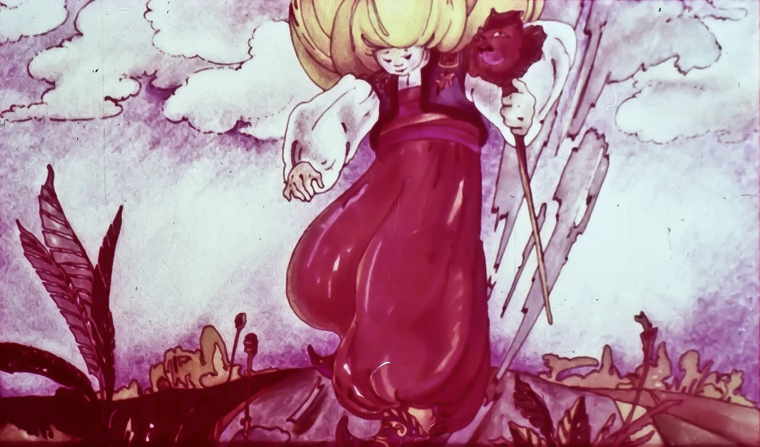 Imagine colorată cu un personaj îmbrăcat în haine tradiționale, având părul blond și zâmbind, înconjurat de peisaj natural.