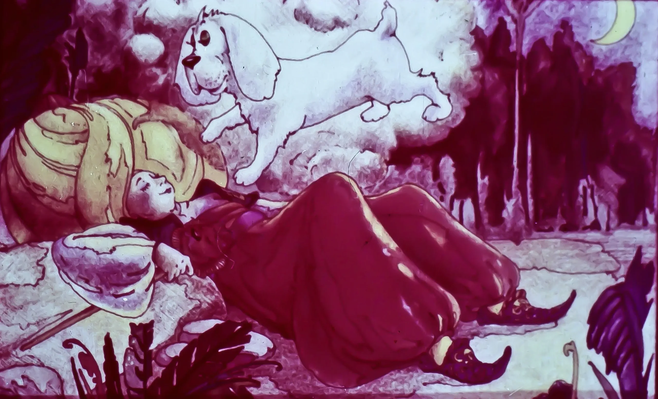 O ilustrație artistică cu o femeie adormită, purtând o îmbrăcăminte tradițională, așezată pe o piatră, înconjurată de natură. Deasupra ei, un câine alb zburător în fundal, iar în colțul din dreapta sus se află o lună.