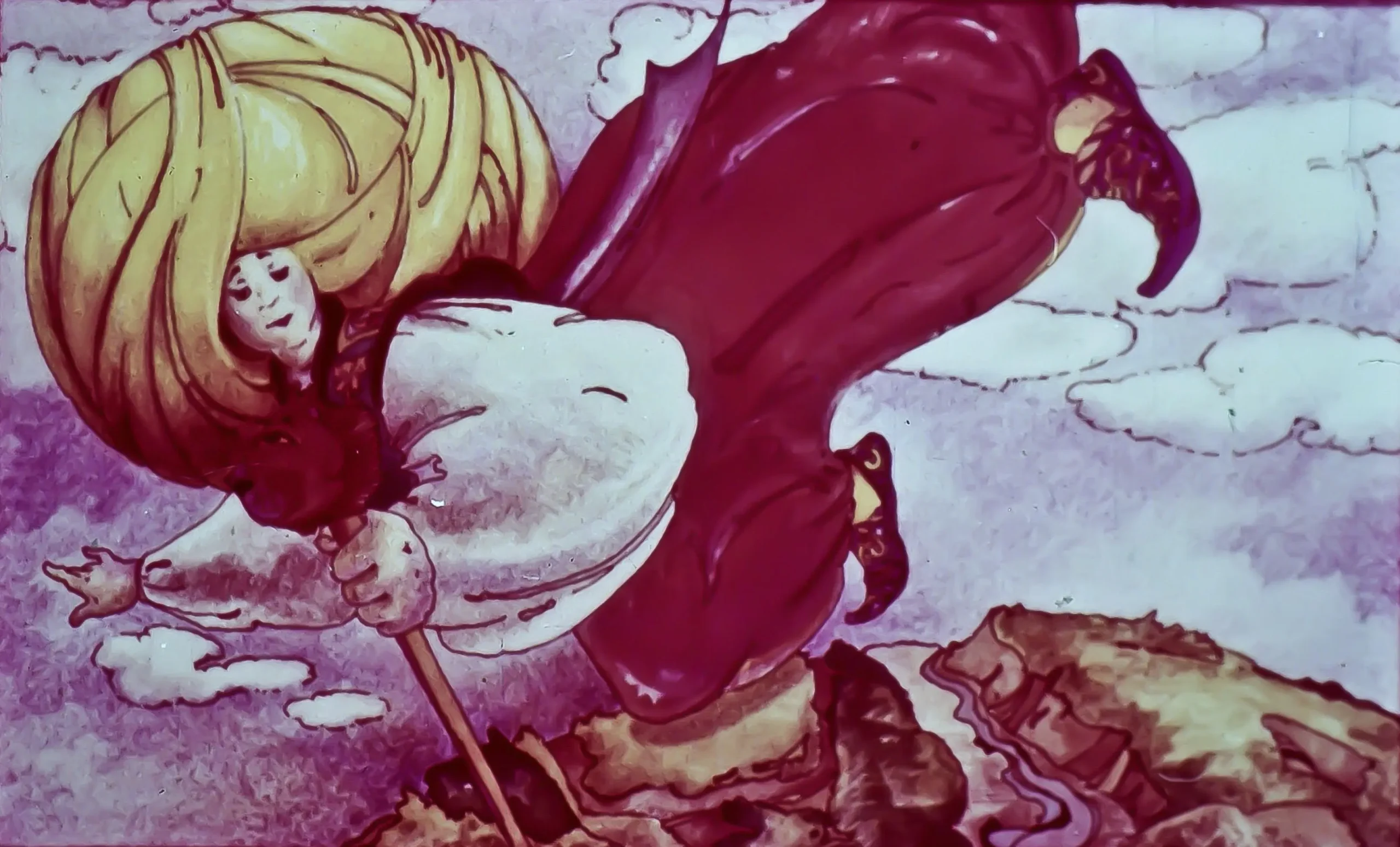 O ilustrație artistică cu o figură umanoidă purtând o vesta albă și o mantie roșie, zburând deasupra unei peisaje de pământ, cu nori în fundal.