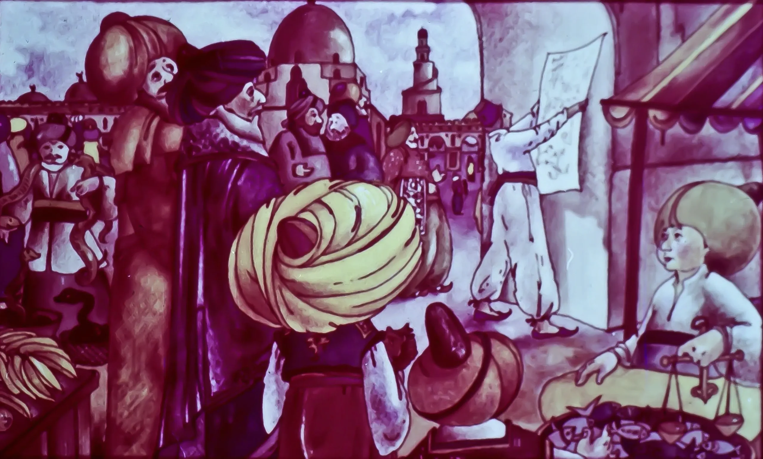 Imagine colorata cu o scena de piata, oameni imbracati traditional, un artist la masa de desenat, si cladiri istorice in fundal.