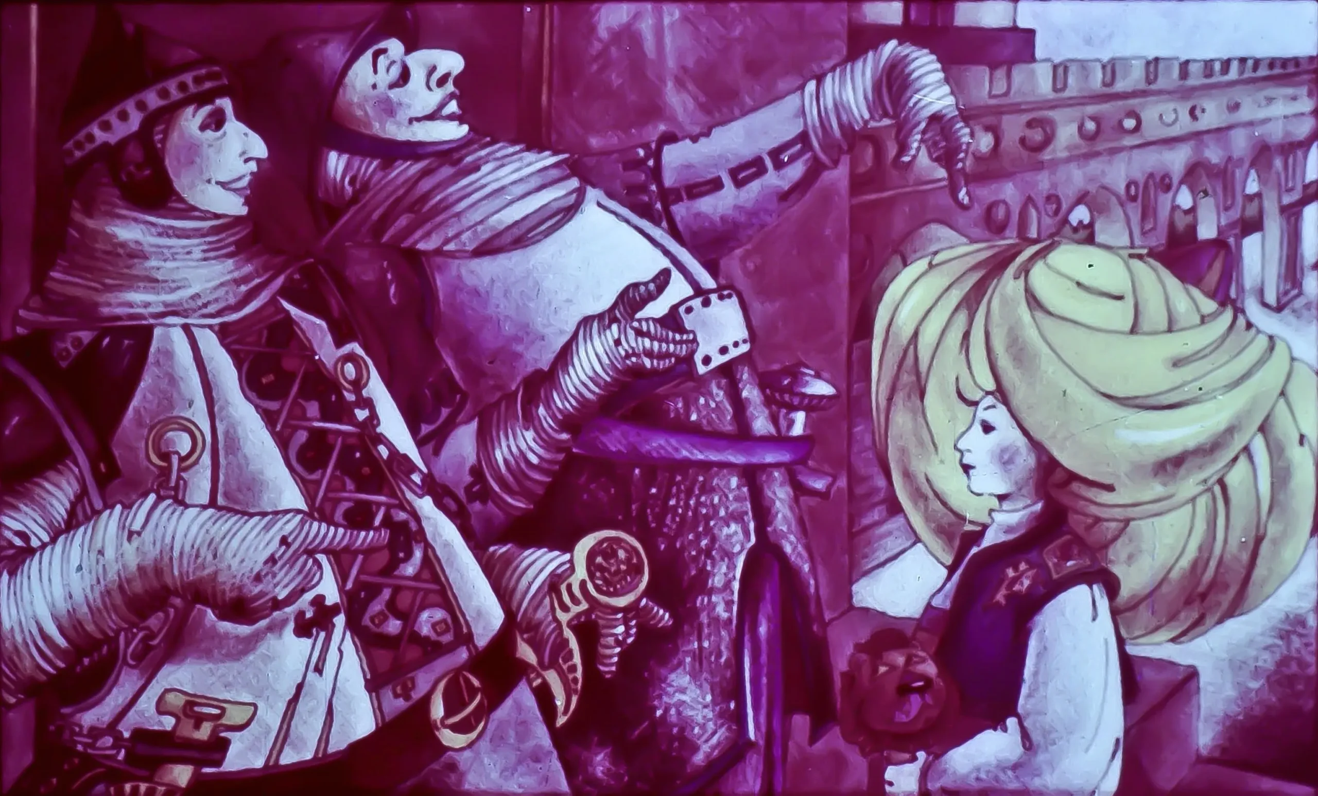 Ilustrație colorată cu personaje stilizate, inclusiv două figuri care interacționează și o fetiță cu o coafură mare, într-un cadru detaliat.