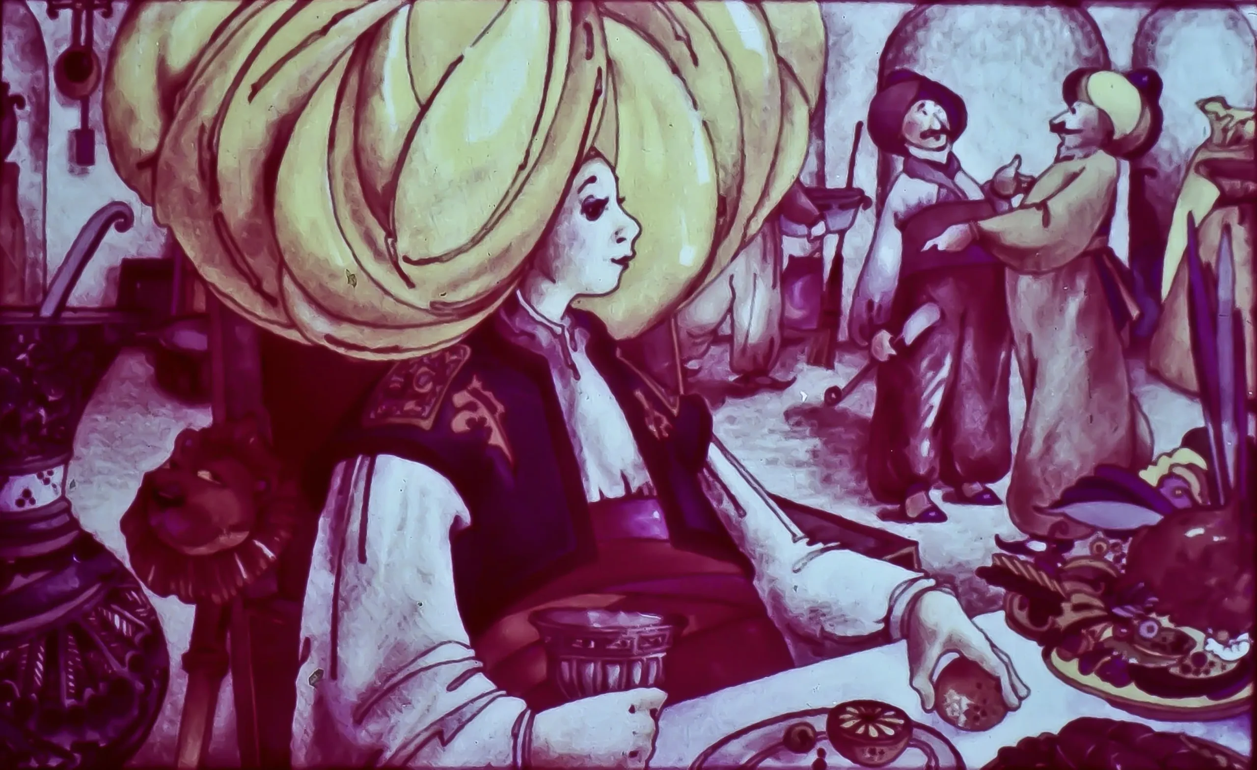 O pictură care prezintă o femeie cu o basma mare și colorată, așezată la o masă plină cu mâncare, înconjurată de alte personaje în fundal.