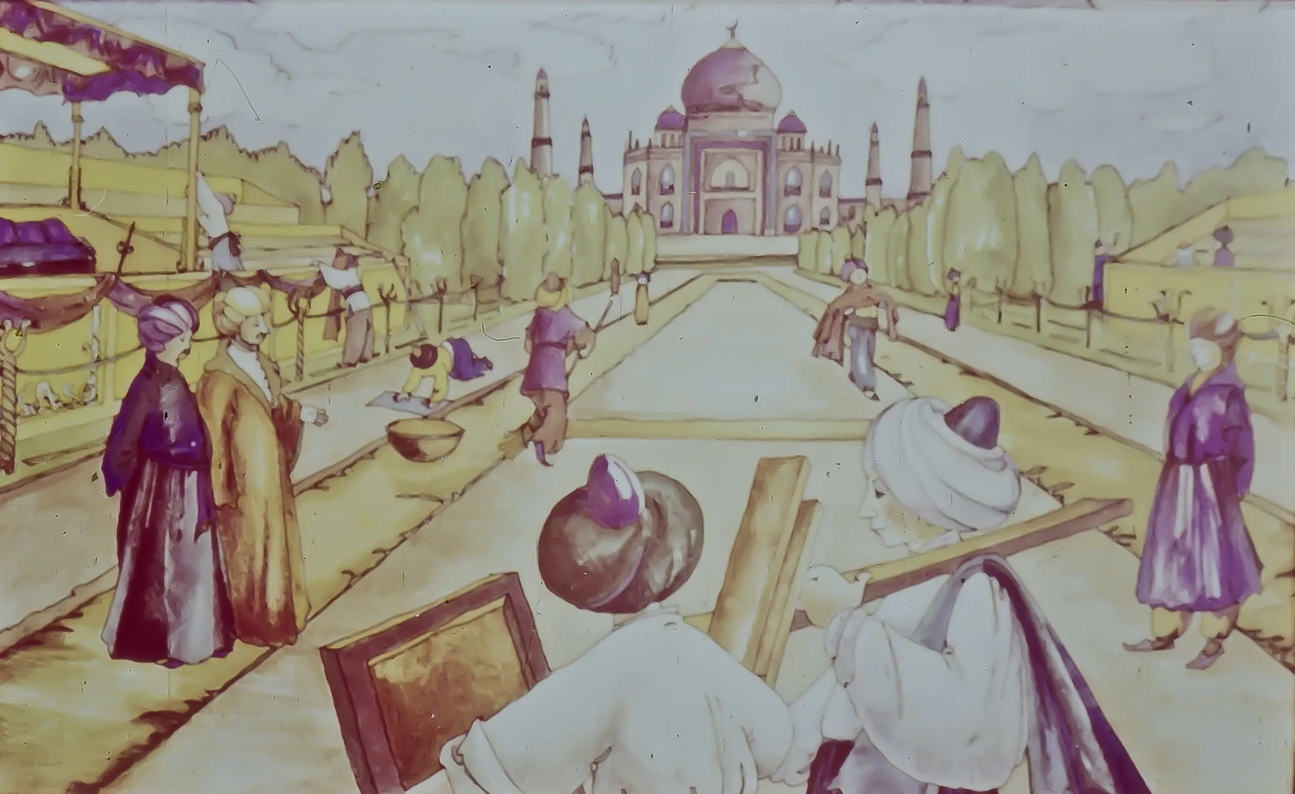 Imagine artistica ce ilustreaza o scena de constructie in apropierea Taj Mahal, cu lucratori in diverse activitati.