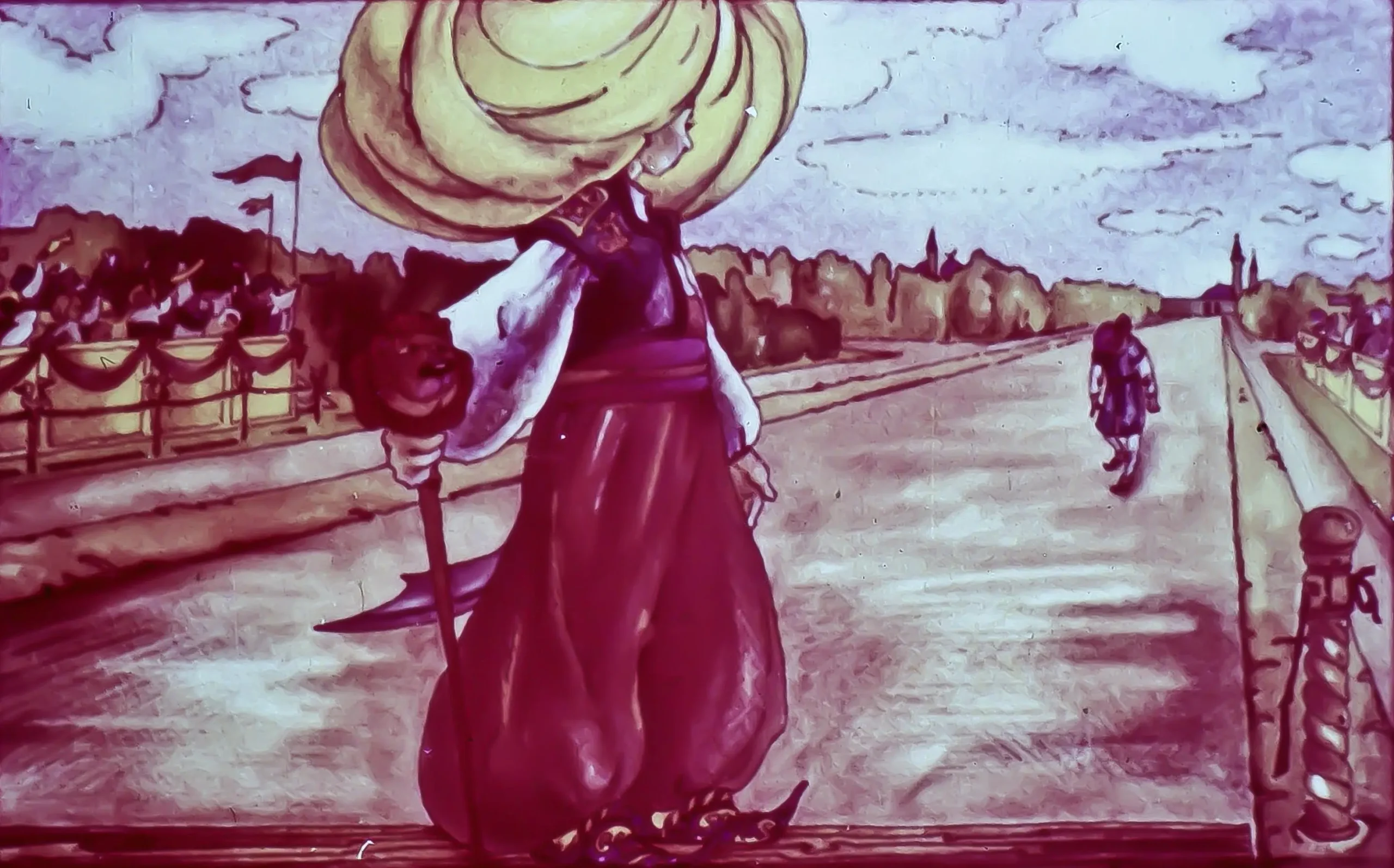 Ilustrație colorată cu o figură centrală purtând îmbrăcăminte tradițională și ținând o floare, pe un drum larg cu un peisaj de parc în fundal.