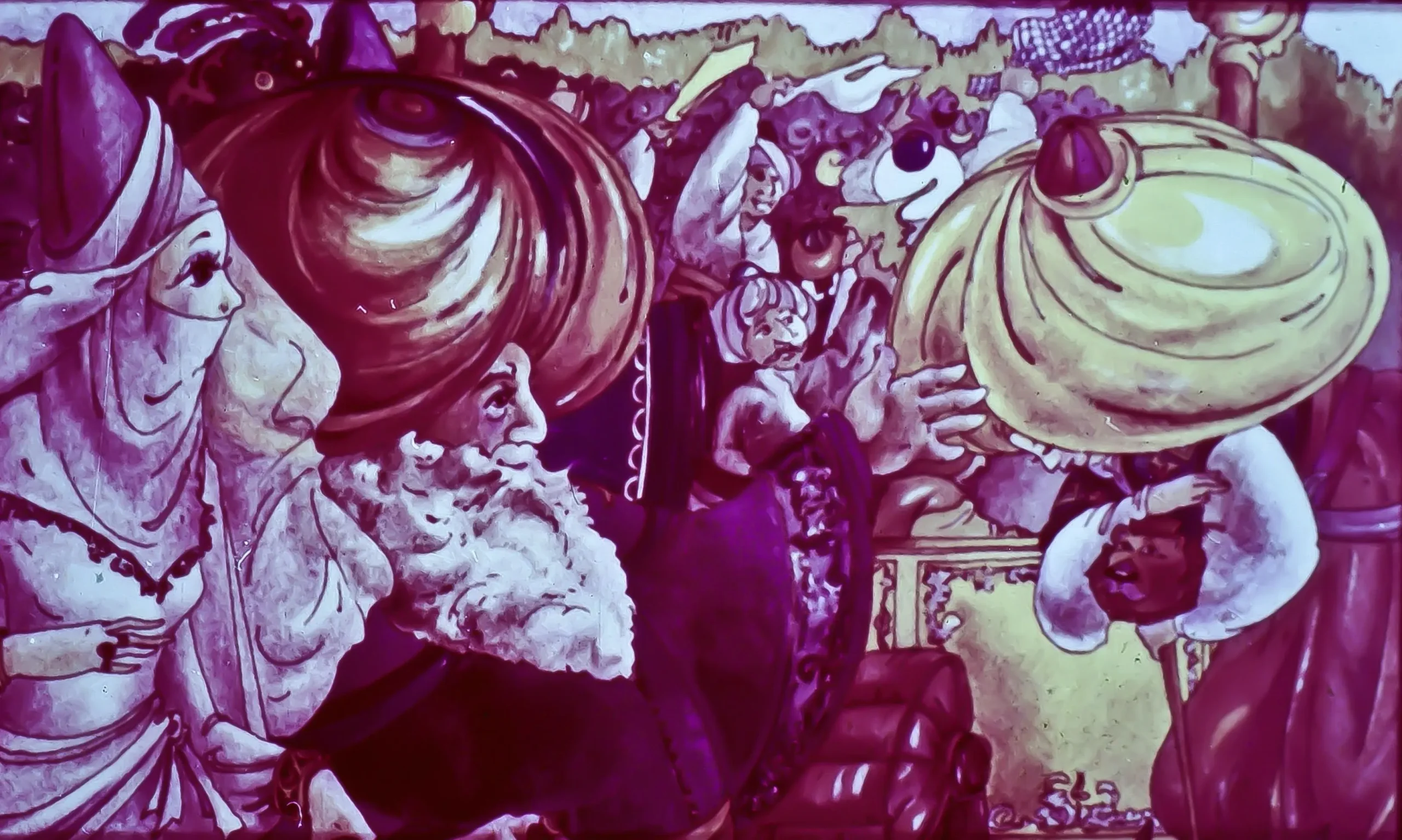 Ilustrație colorată cu persoane purtând căciuli ornate, reprezentând o scenă de festivitate sau ceremonie.