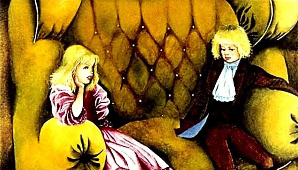 Imagine cu doi copii stând pe un fotoliu mare, unul îmbrăcat în roz și celălalt în costume elegante.