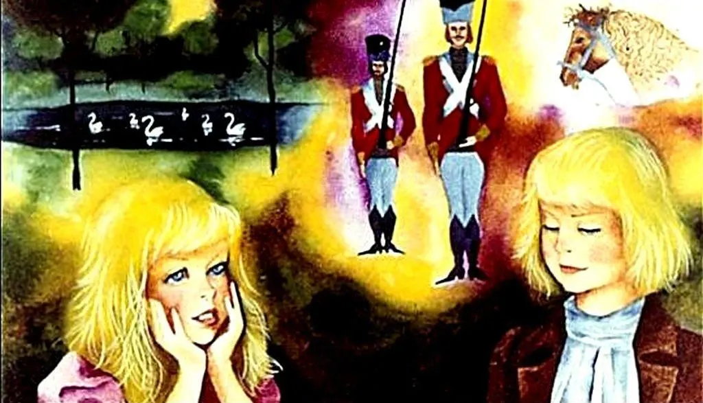 Imagine artistică cu două fete blonde, una dintre ele având o expresie de îngrijorare, iar în fundal se văd soldați și un cal.