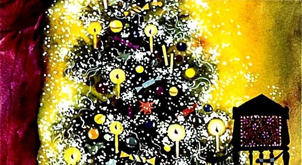 O pictură cu un brad de Crăciun decorat cu luminițe și ornamente, pe un fundal galben.