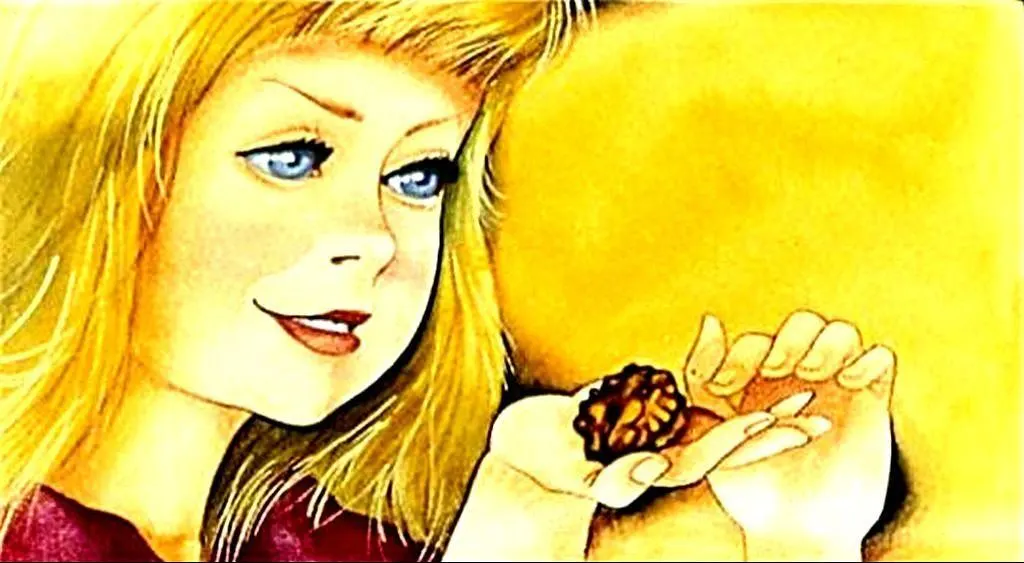 Ilustrație a unei fete blonde care zâmbește și ține un obiect mic în mână.