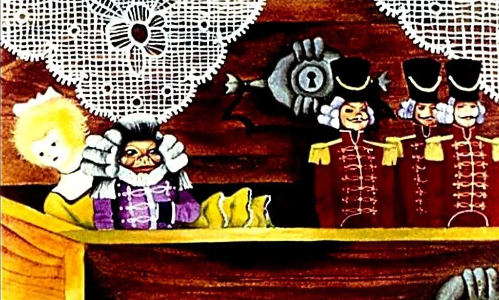 O ilustrație colorată cu personaje de epocă, inclusiv un bărbat cu perucă și haine colorate, și trei figuri asemănătoare soldaților, într-un cadru decorat cu dantelă.