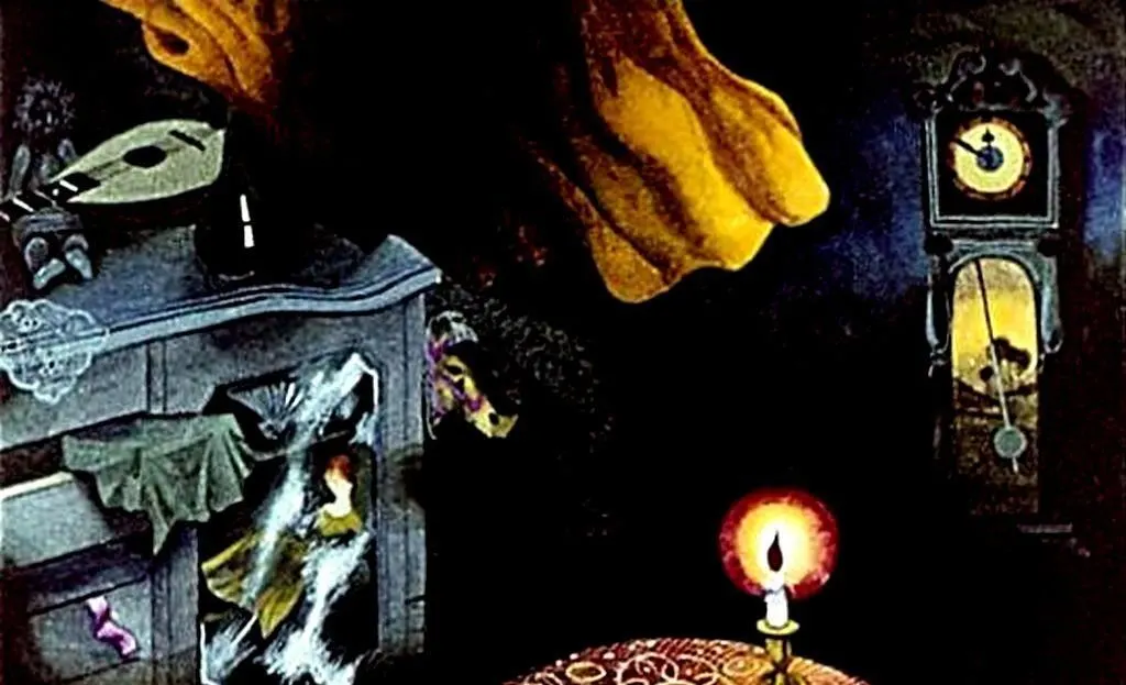 O cameră întunecată cu o masă acoperită de o fața de masă, o lumânare aprinsă, un dulap cu haine și un ceas de perete.