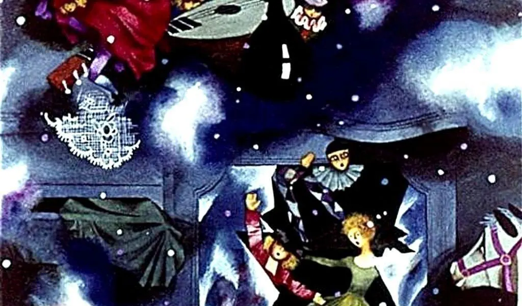 Ilustrație colorată cu personaje dansând într-un decor de noapte, cu elemente fantasmagorice și un cal alb.