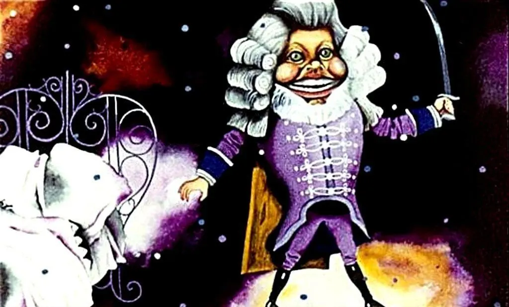 Ilustrație de un personaj cu părul creț și un zâmbet larg, purtând un costum violet, ținând o sabie într-o mână și având un fundal colorat cu stele.