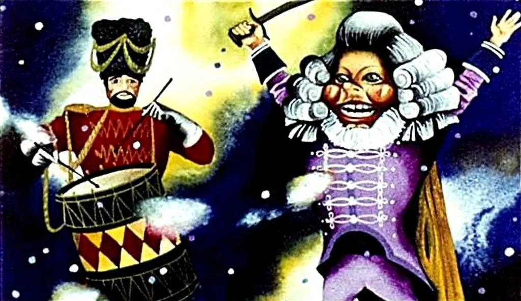 Ilustrație colorată cu doi personaje, unul la tambur și altul ținând un băț, într-un peisaj de iarnă.