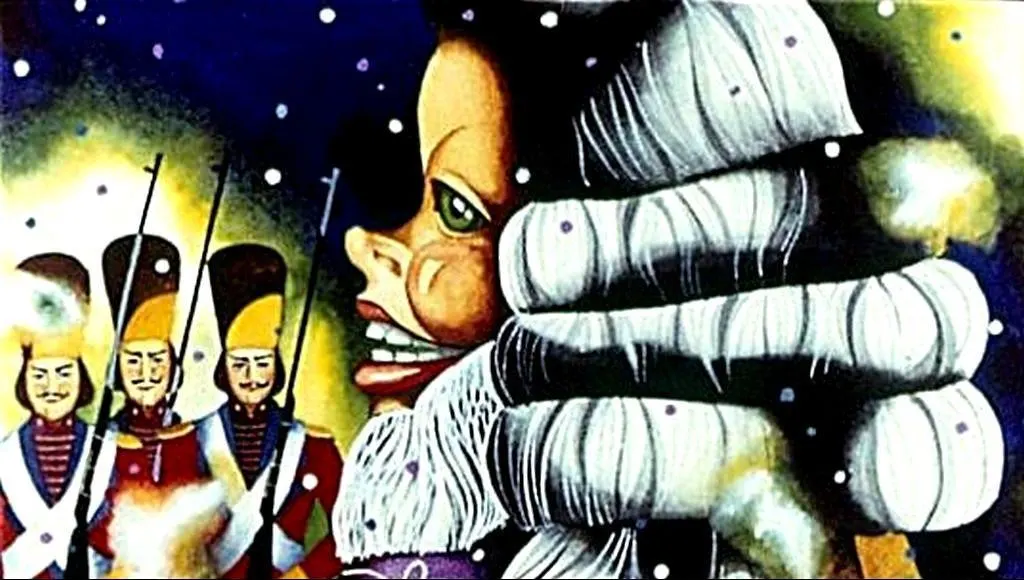 Imagine artistică cu un personaj cu păr alb și soldați în fundal, pe un fundal de iarnă.