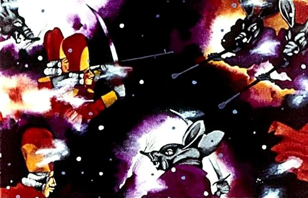 Ilustrație artistică având teme de luptă între personaje animale într-un fond cosmic.