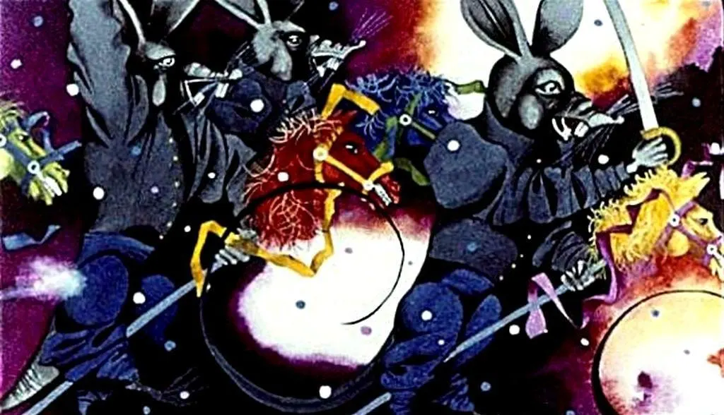 Ilustrație abstractă ce prezintă iepuri cu arme, înfățișând o scenă dintr-o poveste imaginară.