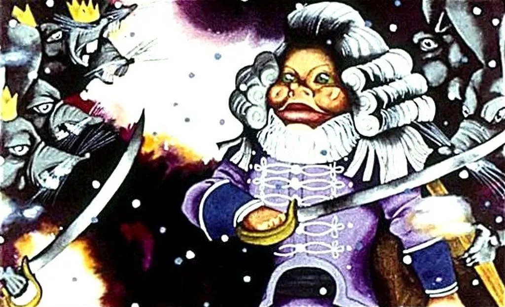 O ilustrație colorată cu un personaj principal purtând o haină violet și cu o sabie, înconjurat de figuri asemănătoare șoarecilor care par amenințători.