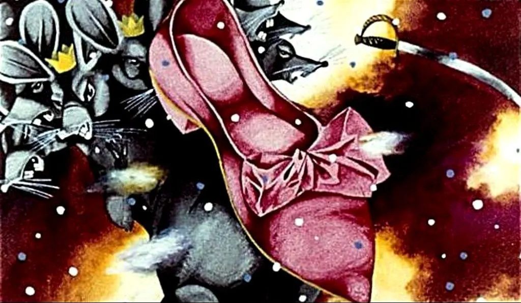 Ilustrație abstractă cu o încălțăminte roz și elemente de fundal colorat, inclusiv animale și un sabie.